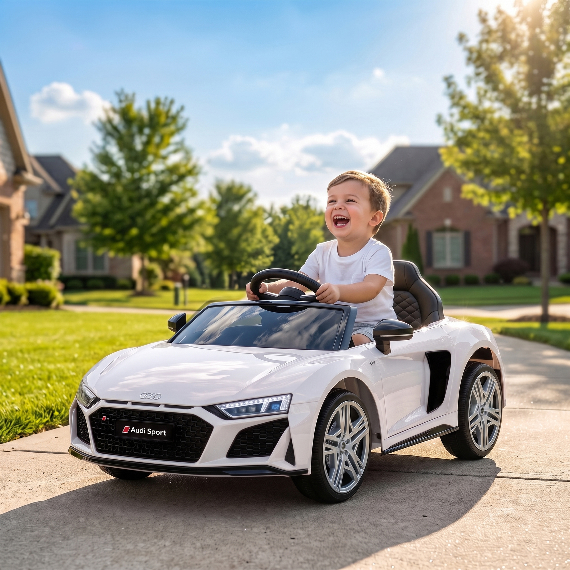 Vaikiškas elektromobilis licencijuotas Audi R8 Spyder su nuotoliniu valdymu, baltas ir juodas, 107 × 58 × 44 cm