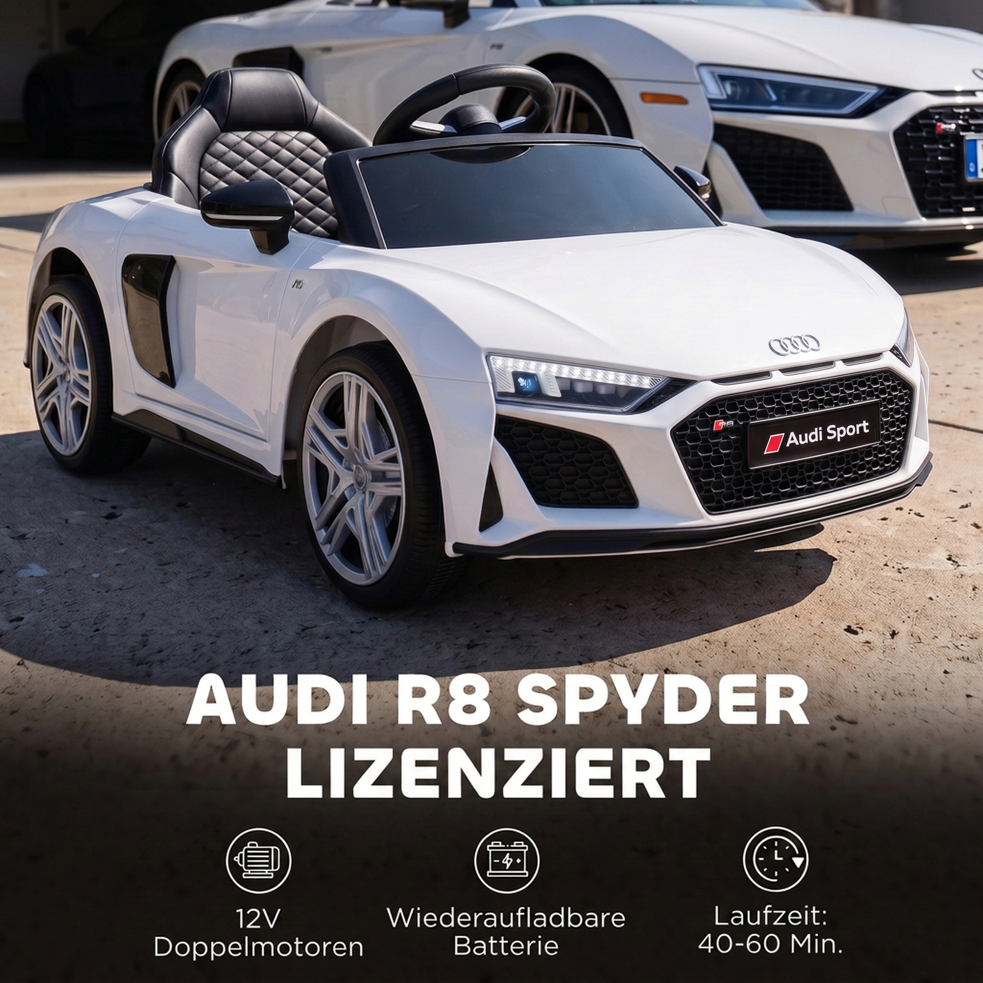 Vaikiškas elektromobilis licencijuotas Audi R8 Spyder su nuotoliniu valdymu, baltas ir juodas, 107 × 58 × 44 cm 3