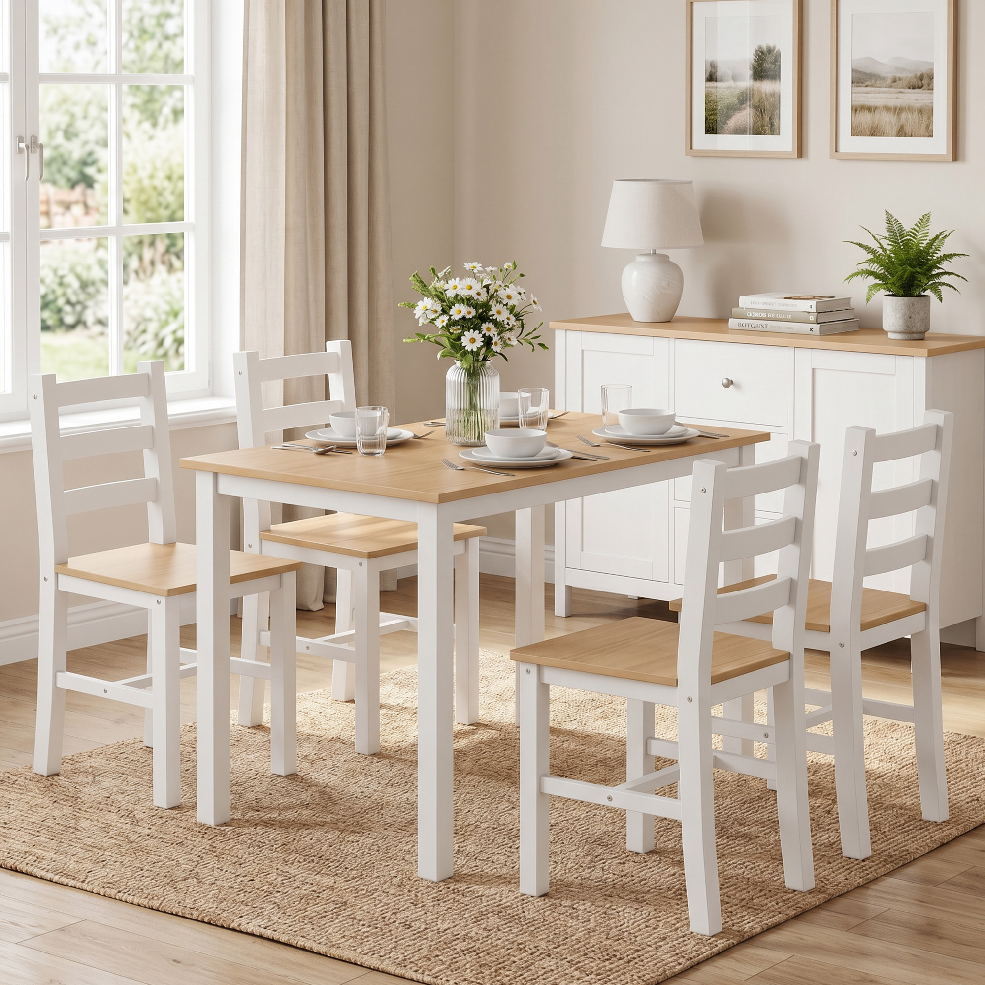 Valgomojo komplektas, 5 dalių, iš pušies masyvo, natūralios medienos ir baltos spalvos, 108 × 65 × 75 cm