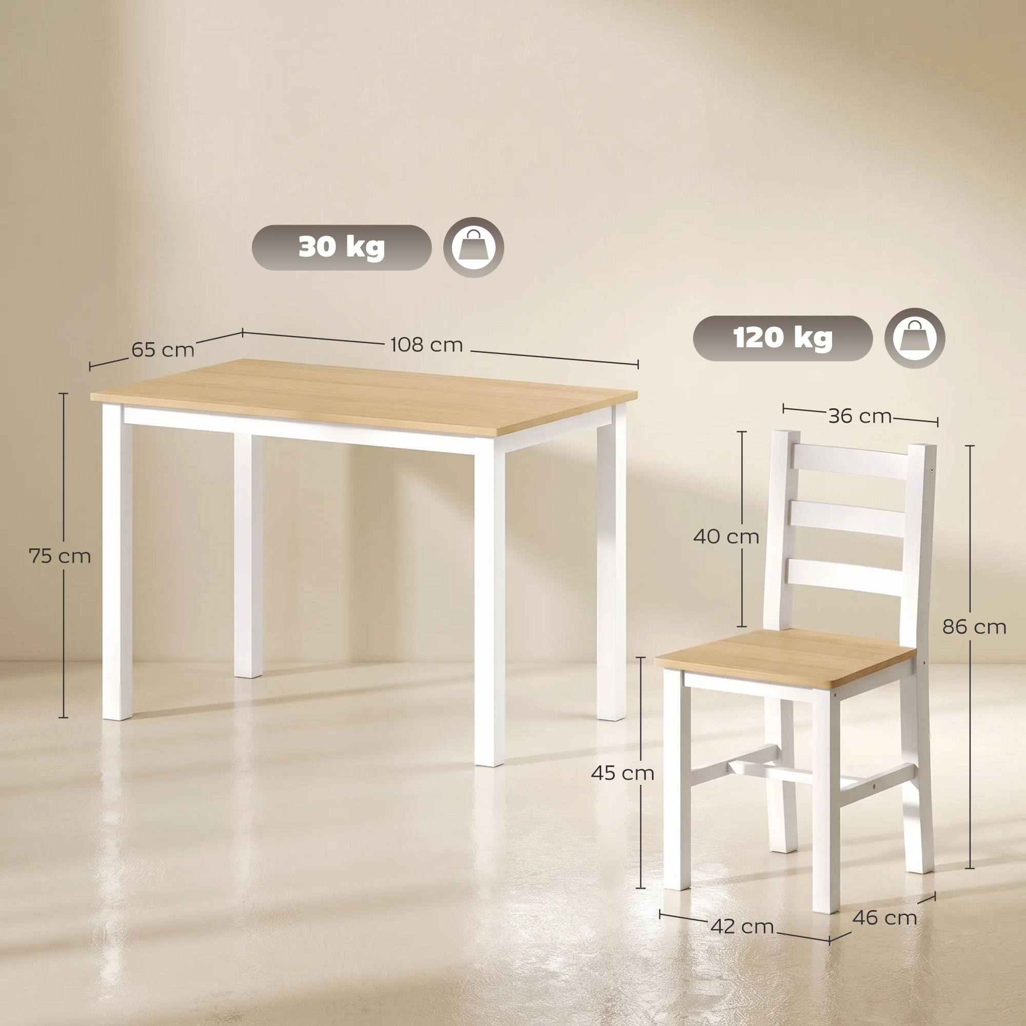 Valgomojo komplektas, 5 dalių, iš pušies masyvo, natūralios medienos ir baltos spalvos, 108 × 65 × 75 cm 2