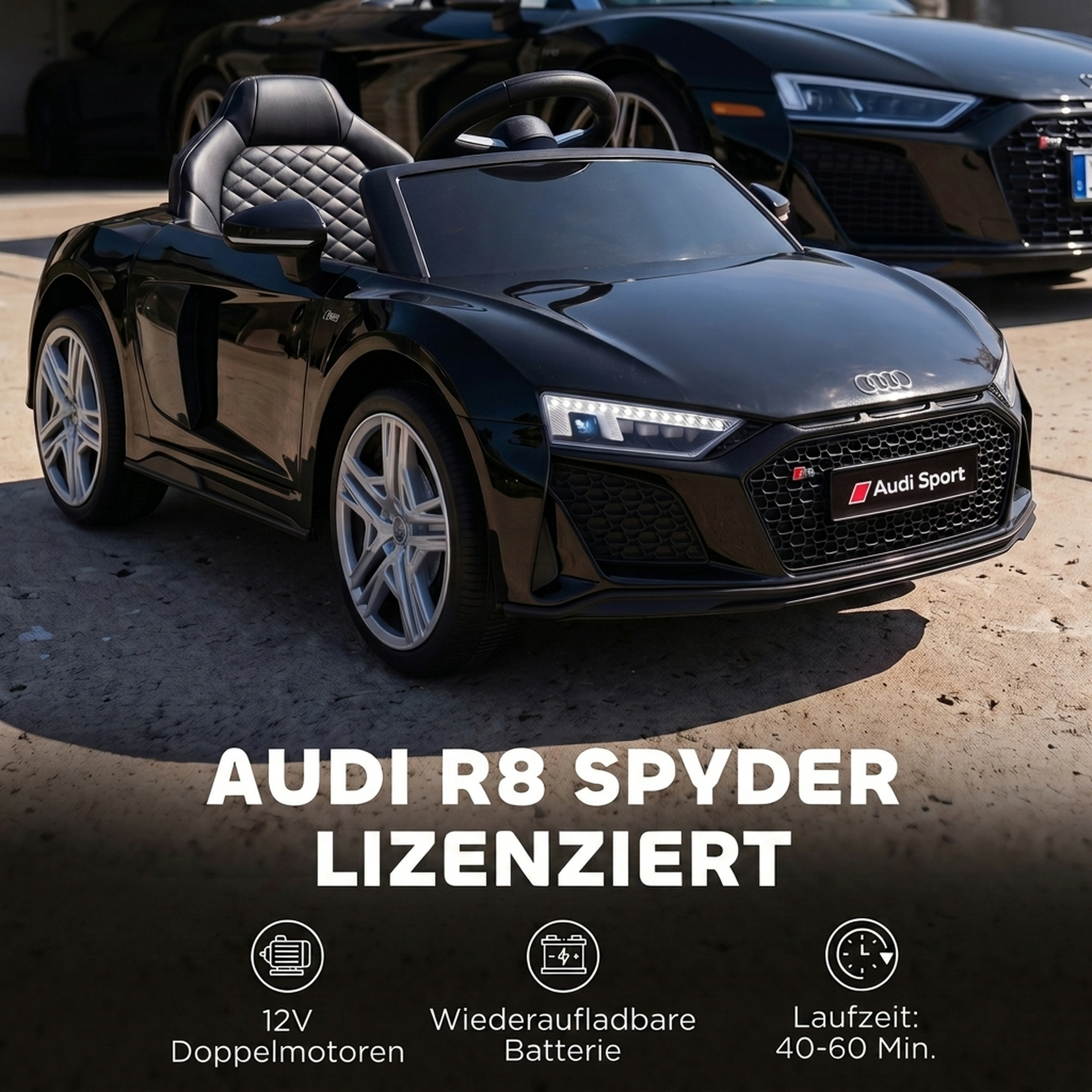 Vaikiškas elektromobilis Audi R8 Spyder su nuotolinio valdymo pultu, juodas, 107 × 58 × 44 cm 3