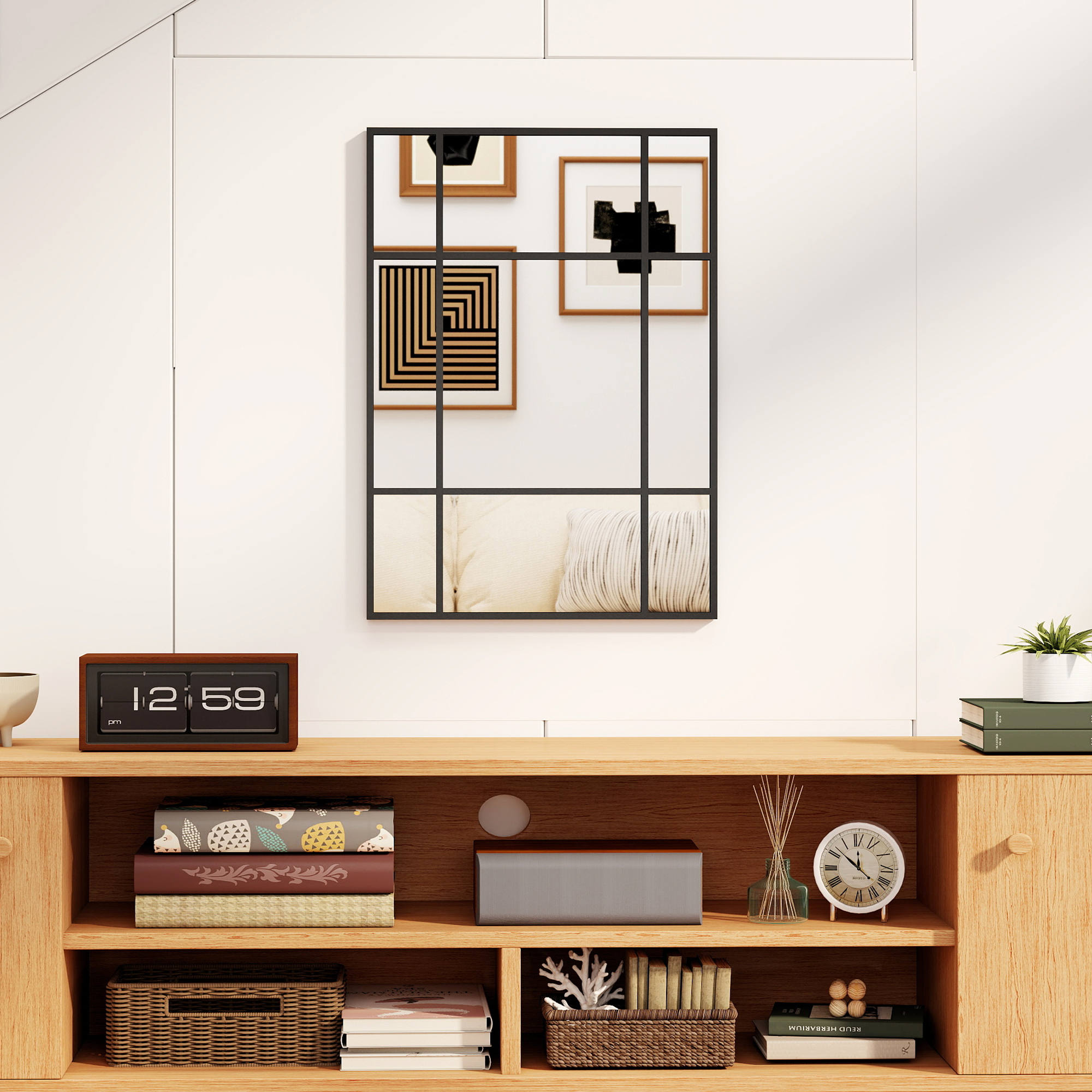 Sieninis veidrodis su metaliniu rėmu ir 9 segmentų tinkleliu, juodas, 50 x 2 x 70 cm