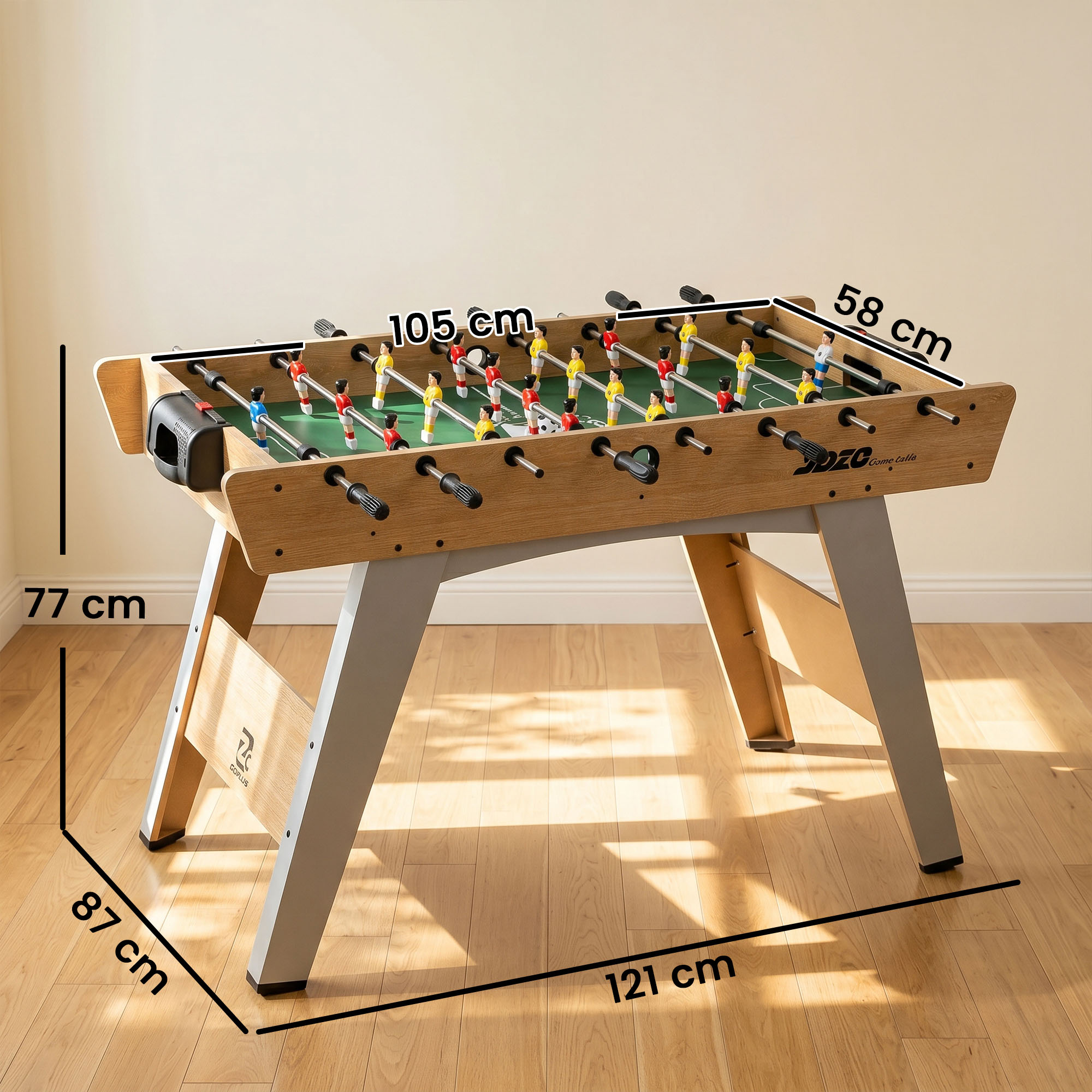 Stalo futbolo stalas su 22 žaidėjais ir 360° strypais, natūralios medienos, žalios ir šviesiai pilkos spalvos, 121 × 87 × 77 cm 2
