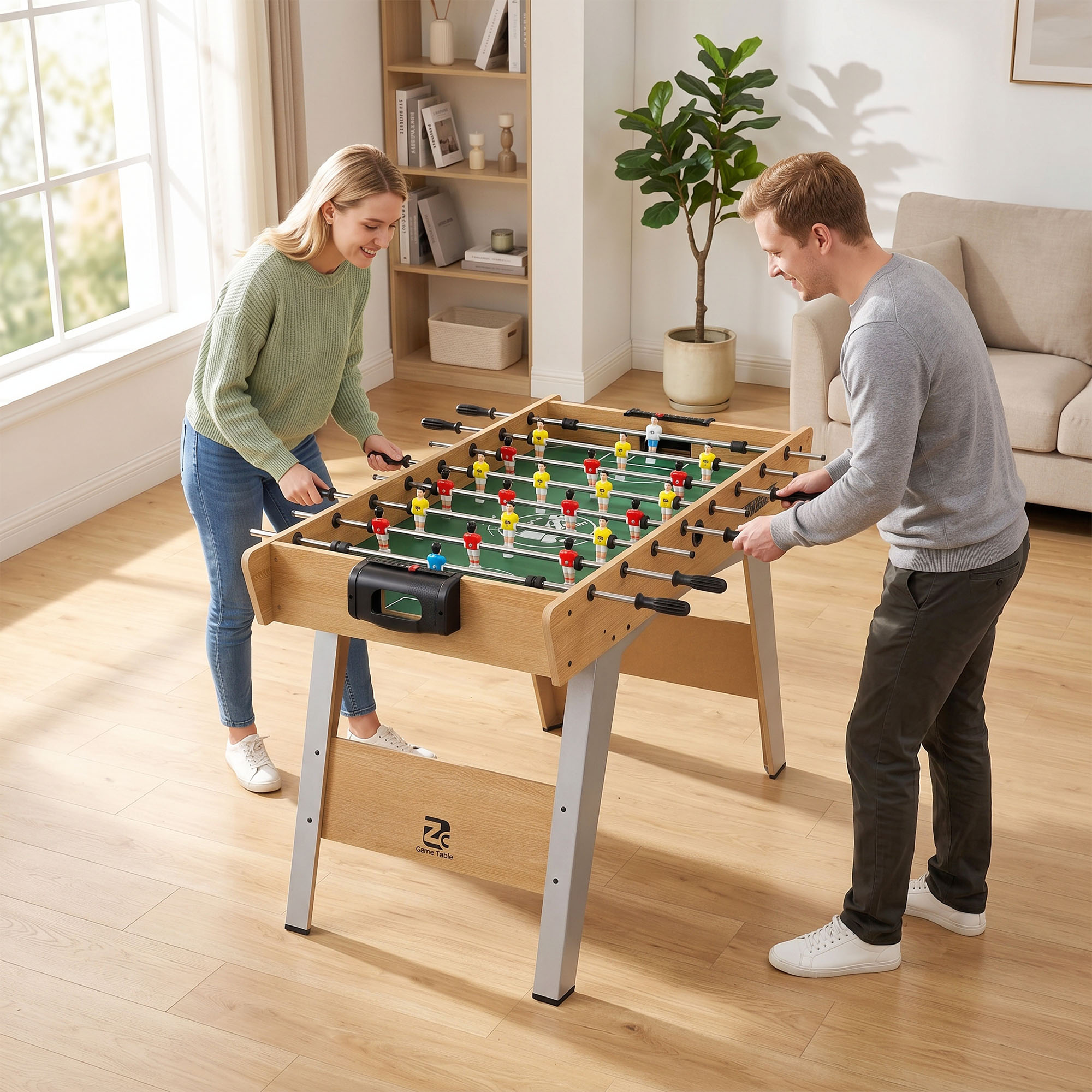 Stalo futbolo stalas su 22 žaidėjais ir 360° strypais, natūralios medienos, žalios ir šviesiai pilkos spalvos, 121 × 87 × 77 cm
