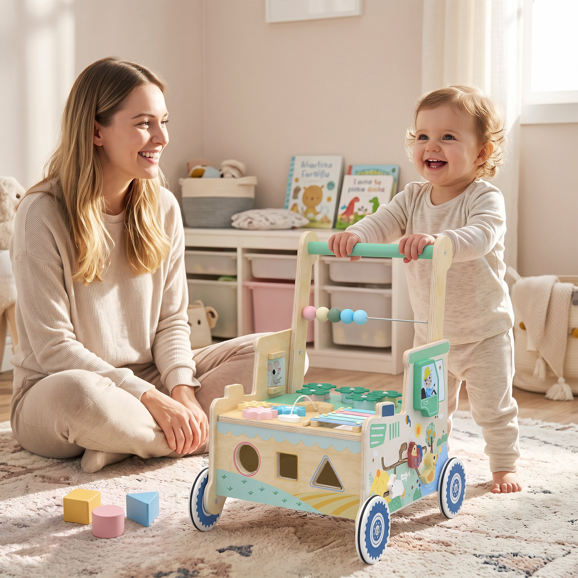 Mokomasis stumdukas su veiklos skydeliais ir daiktadėže, žalios ir natūralaus medžio spalvų, 41 × 31,5 × 47 cm