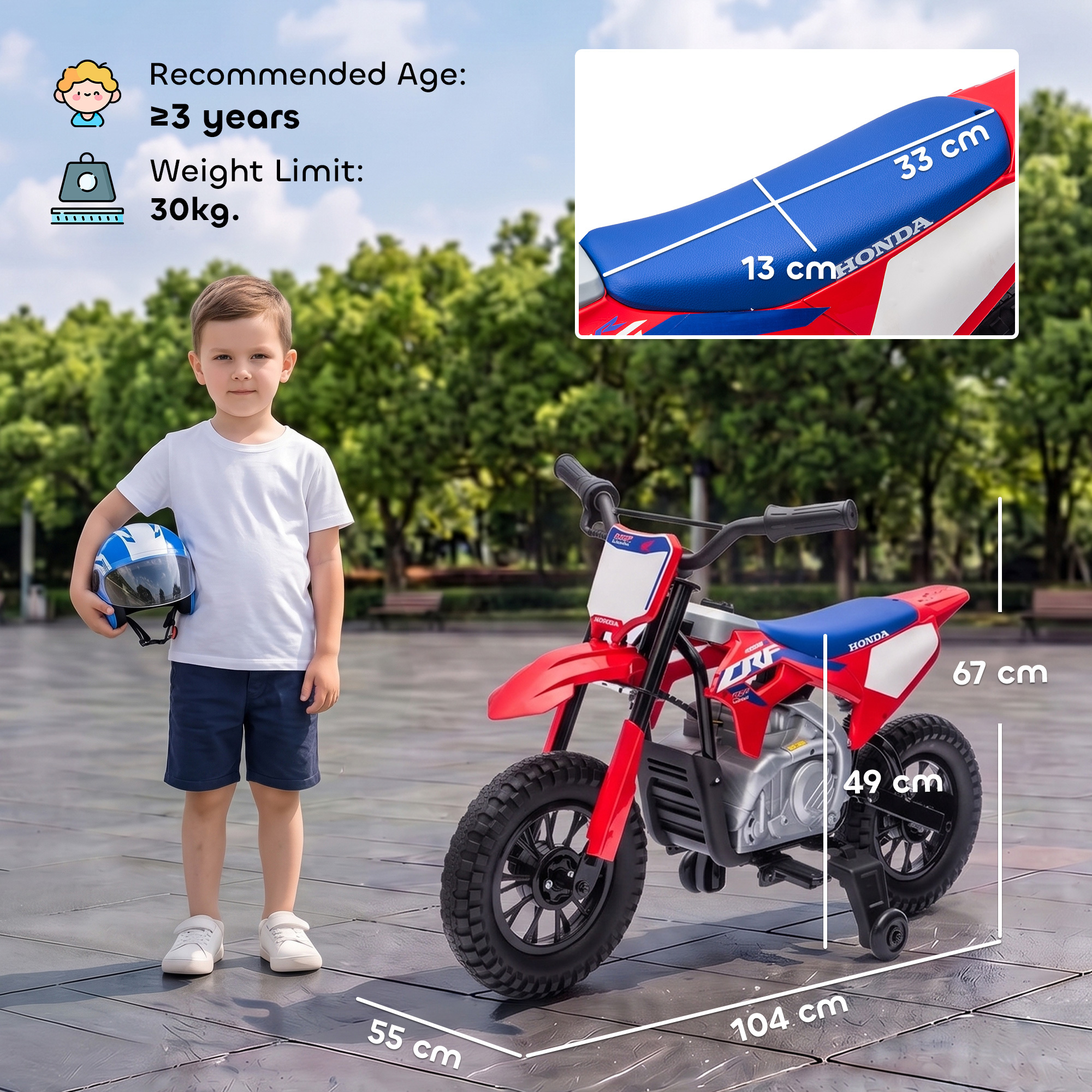 Elektrinis vaikiškas motociklas su licencijuotu HONDA CRF 450R dizainu ir 35 W varikliu, raudonas / mėlynas, 104 × 55 × 67 cm 2