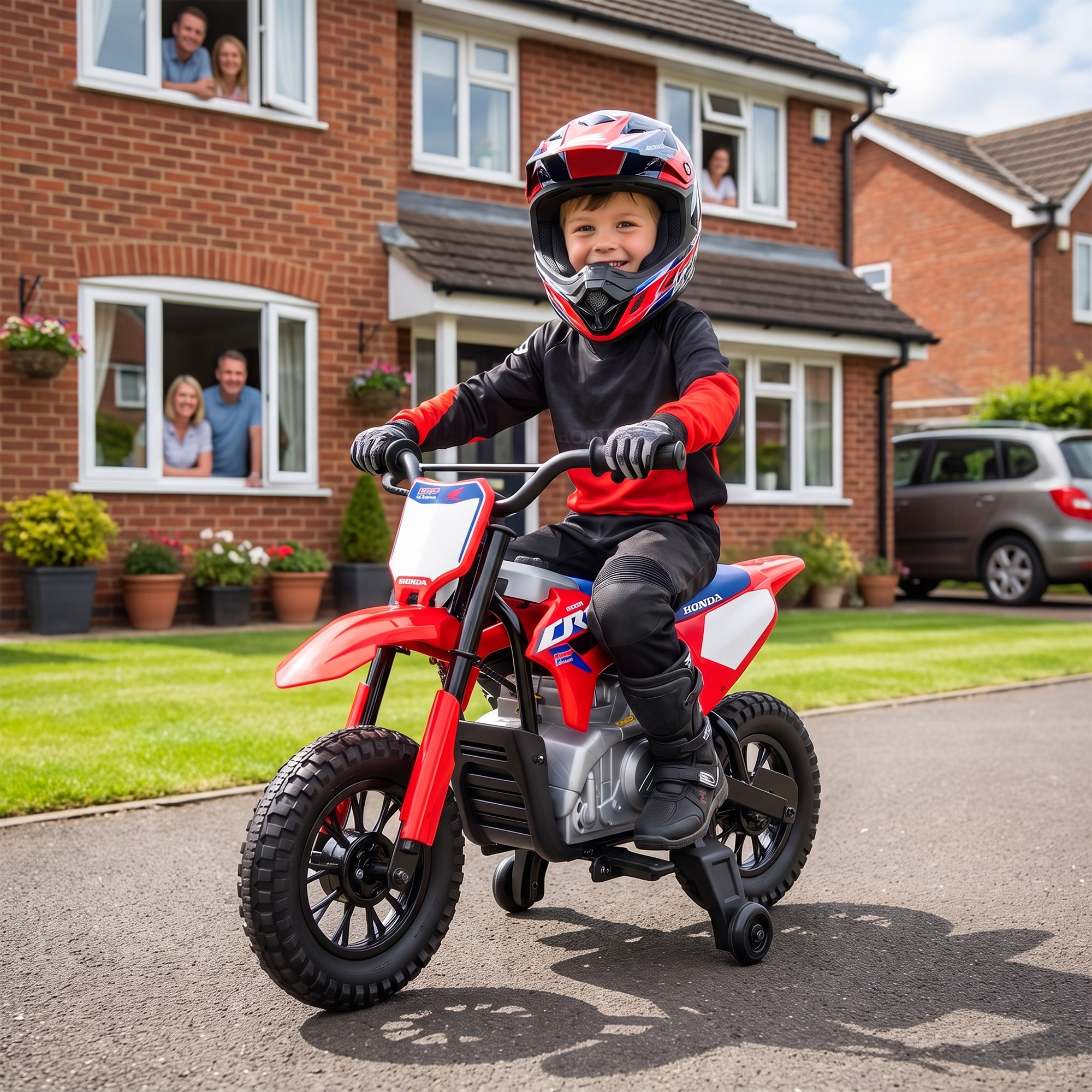 Elektrinis vaikiškas motociklas su licencijuotu HONDA CRF 450R dizainu ir 35 W varikliu, raudonas / mėlynas, 104 × 55 × 67 cm