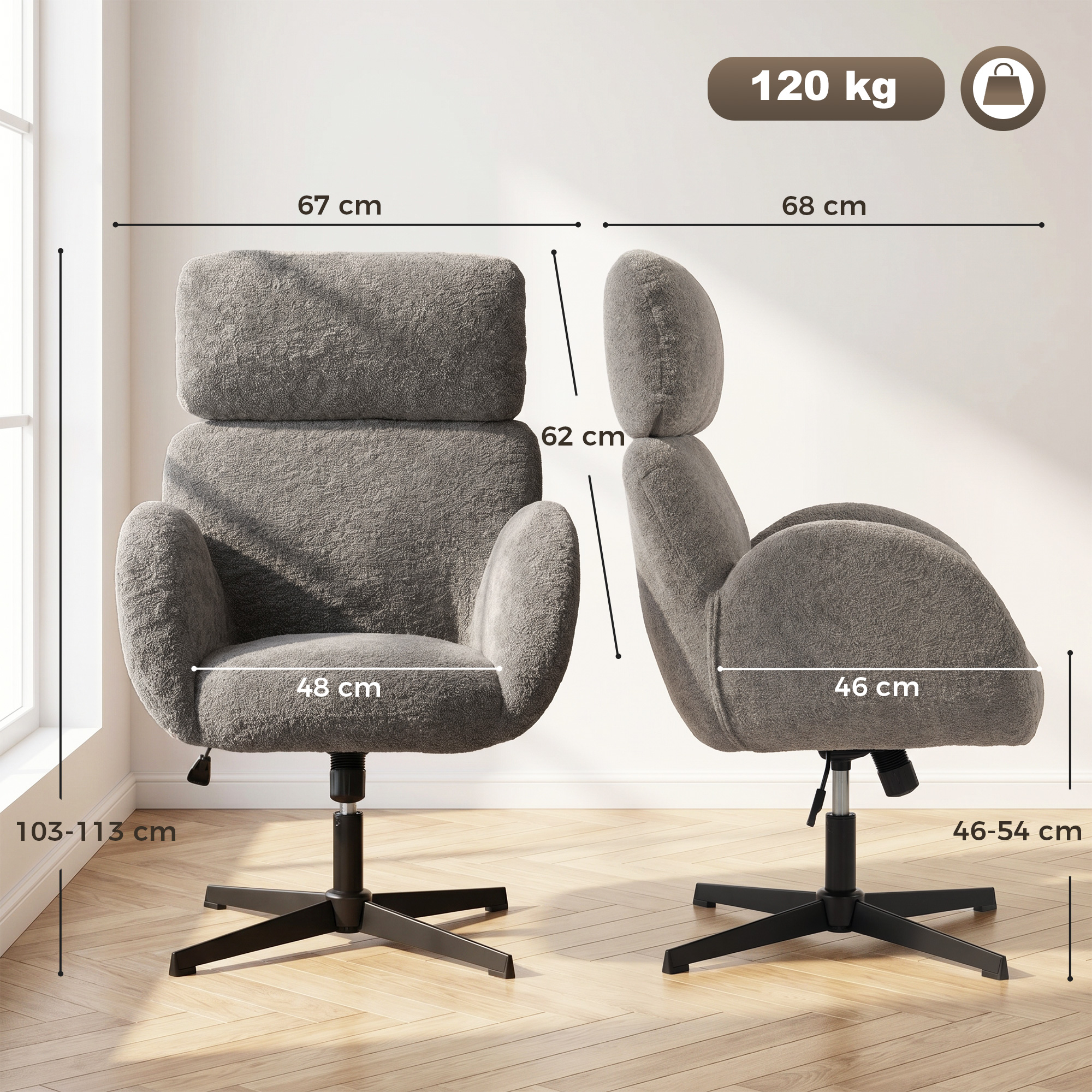 Biuro kėdė su reguliuojama galvos atrama, supimosi funkcija, pilka, 67 × 68 × 103–113 cm 2
