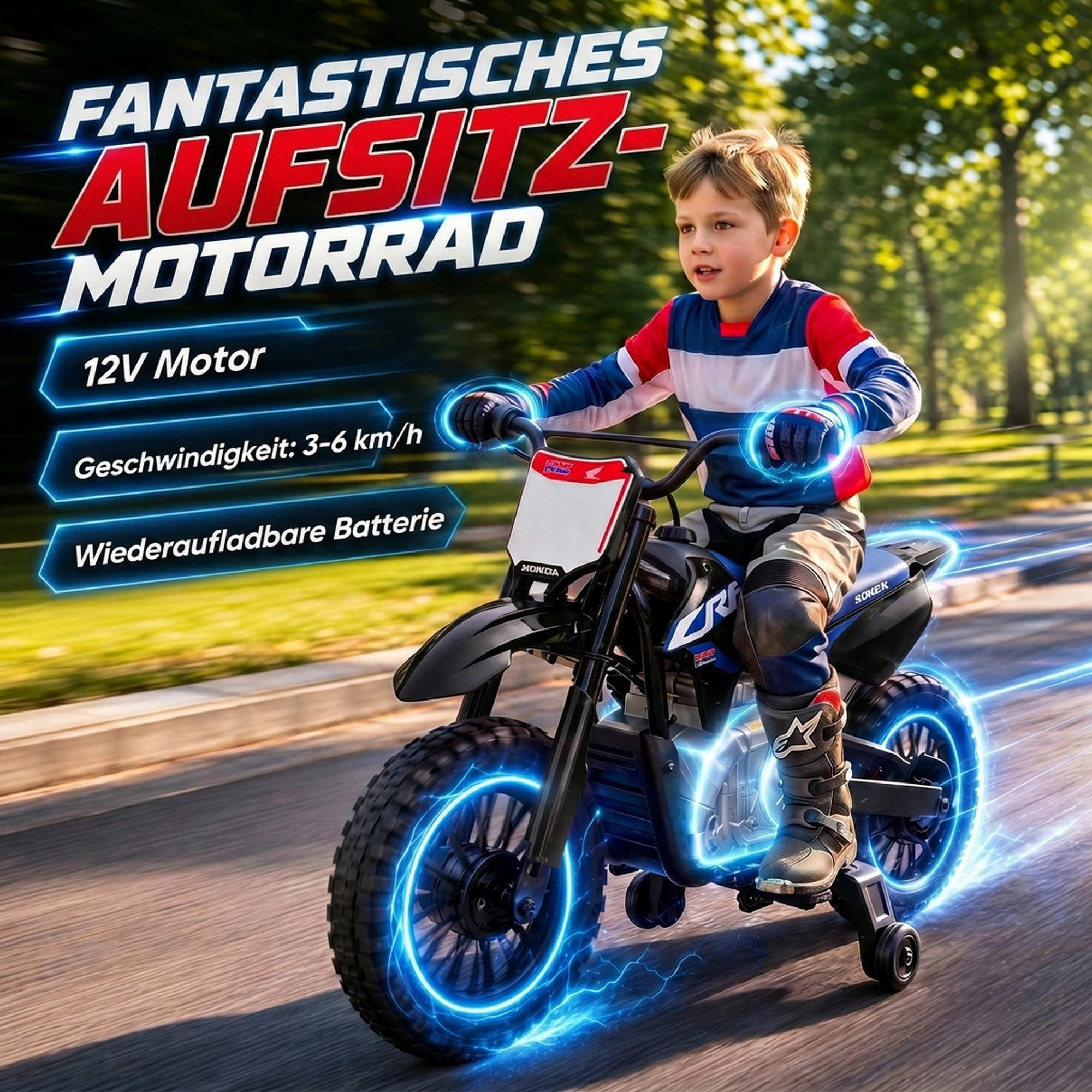 Vaikiškas elektrinis motociklas, licencijuoto HONDA CRF 450R dizaino, juodas ir mėlynas, 104 × 55 × 67 cm 3