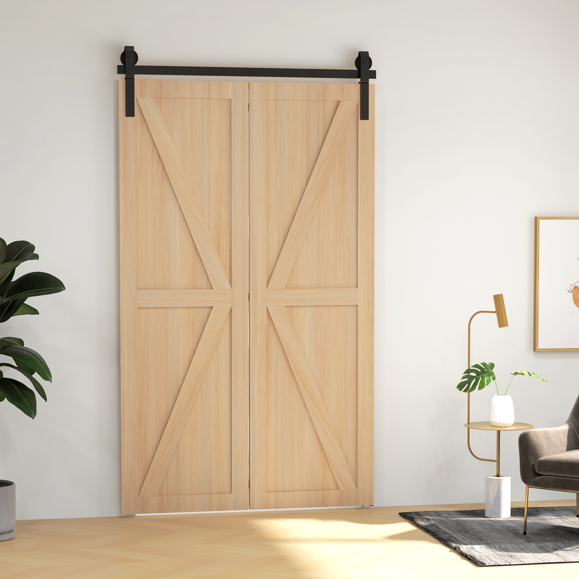Sulankstomų stumdomųjų durų furnitūros komplektas su J formos laikikliais, juodas, 122 cm