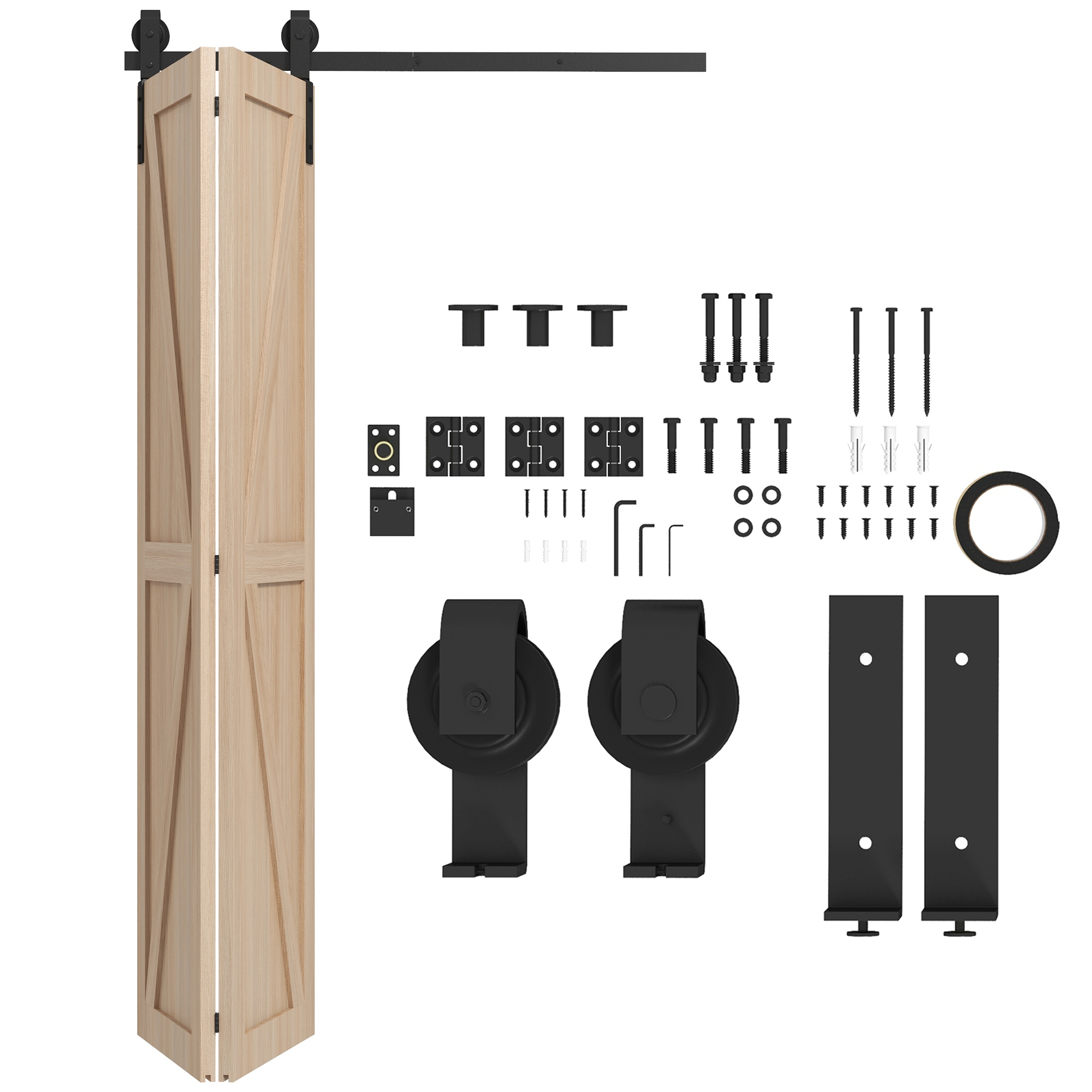 Sulankstomų stumdomųjų durų furnitūros komplektas su J formos laikikliais, juodas, 122 cm