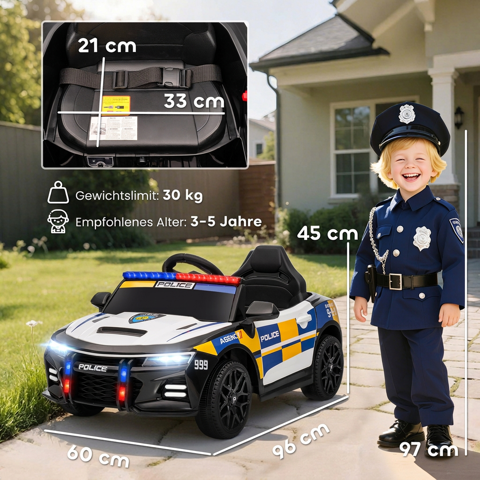 Vaikiškas policijos elektromobilis su nuotolinio valdymo pultu, 96 × 60 × 45 cm 2