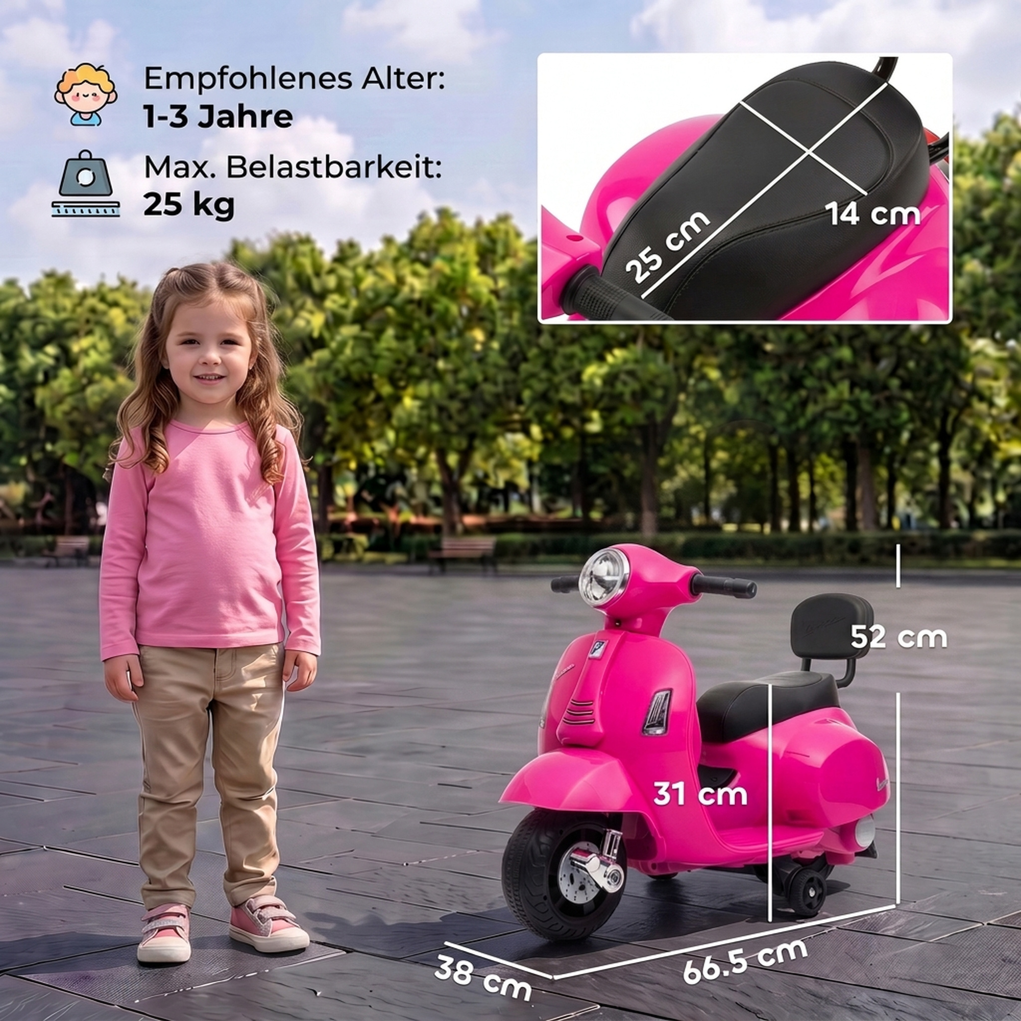 Elektrinis vaikiškas motociklas Mini Vespa GTS su ličio akumuliatoriumi, rožinis, 66,5 × 38 × 52 cm 2