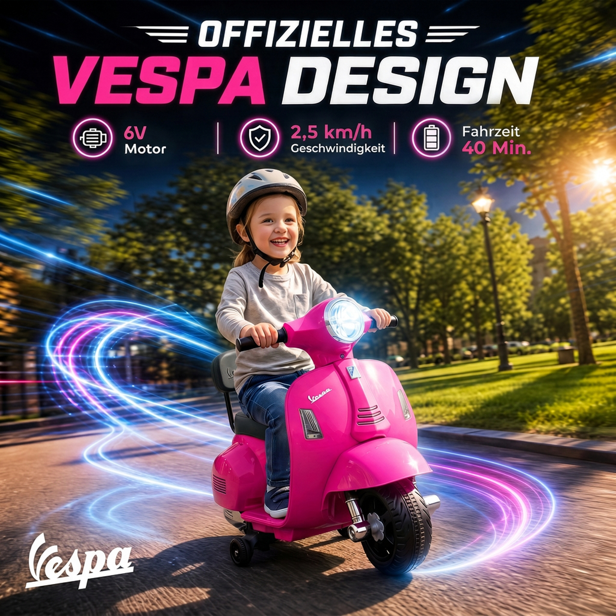 Elektrinis vaikiškas motociklas Mini Vespa GTS su ličio akumuliatoriumi, rožinis, 66,5 × 38 × 52 cm 3