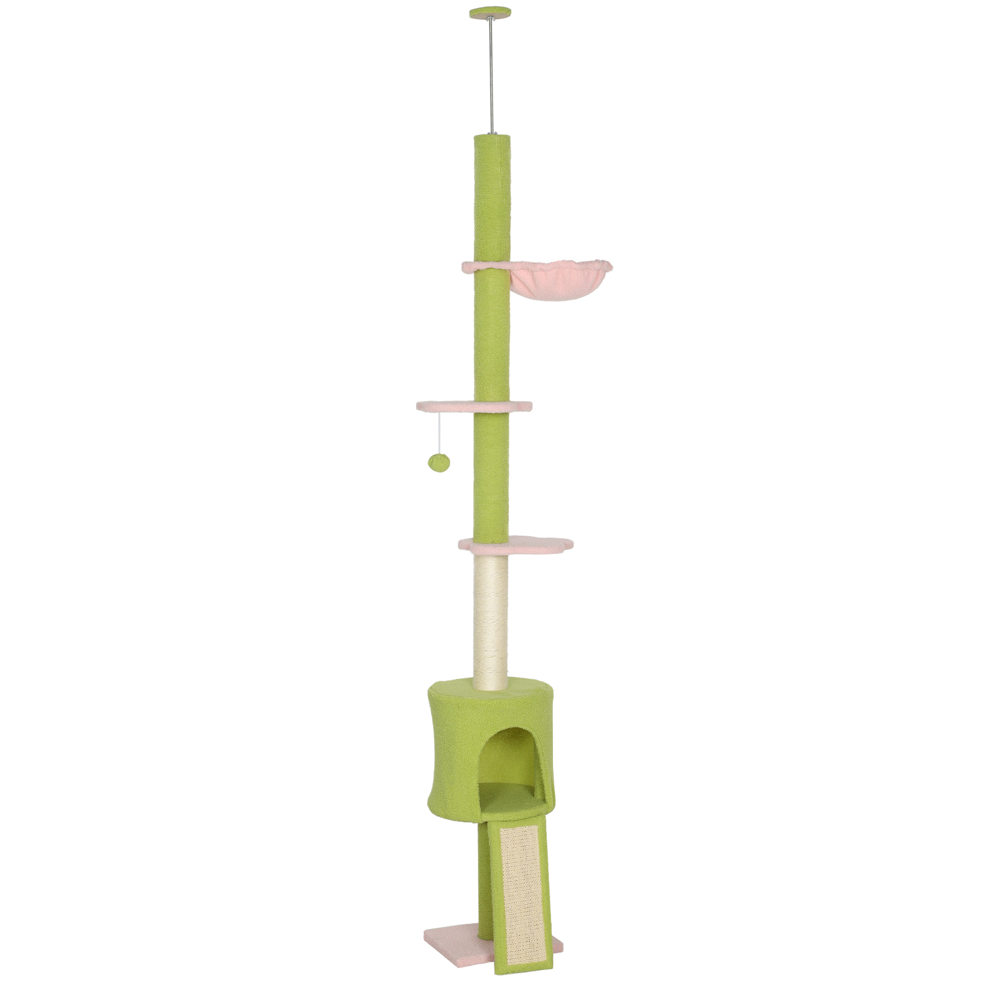 Kačių draskyklė su reguliuojamu aukščiu ir hamaku, žalia, rožinė ir kreminė balta, 220–240 cm
