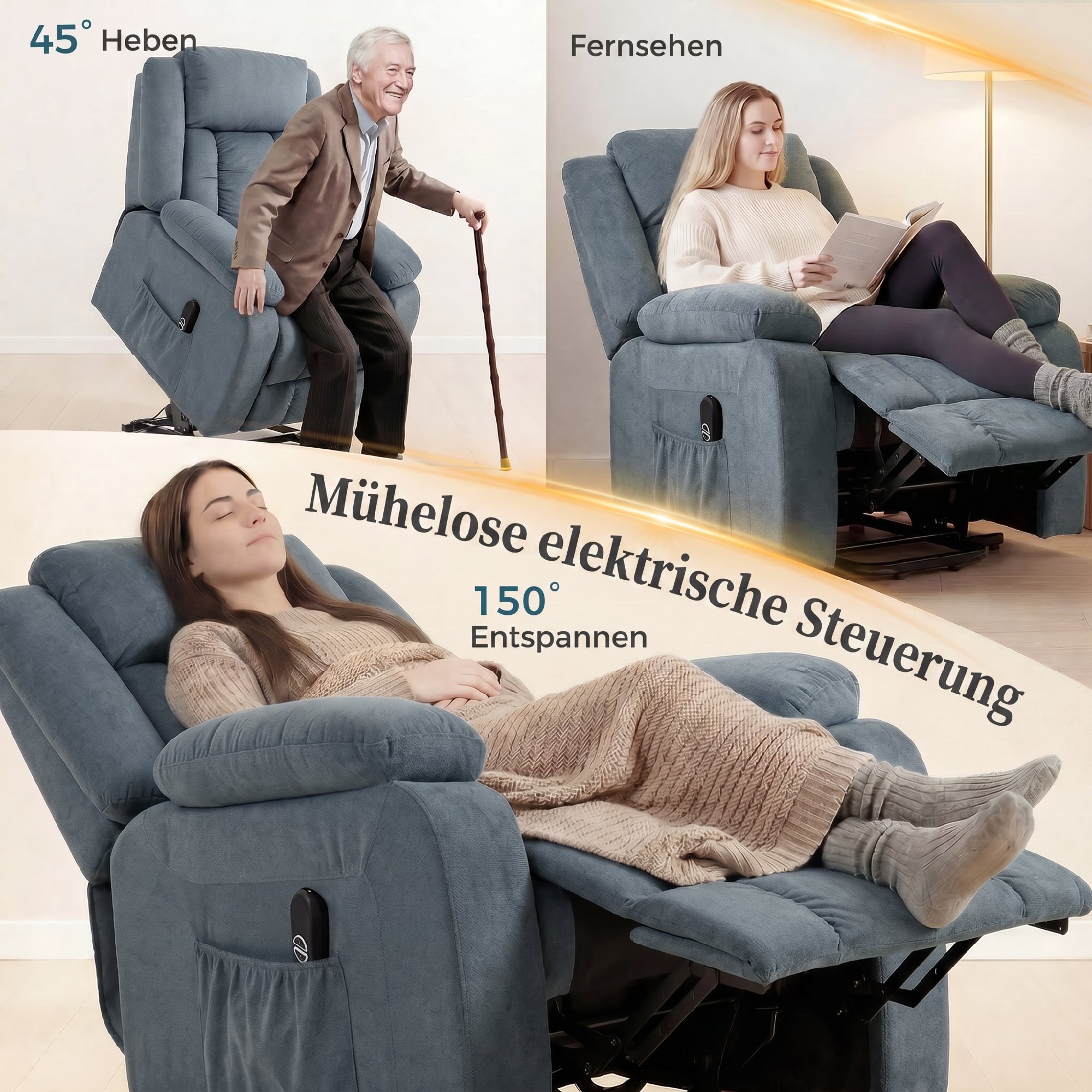 Fotelis su atsistojimo funkcija, elektrinis, atlošiamas iki 150°, pilkas, 92 × 94 × 105 cm 3