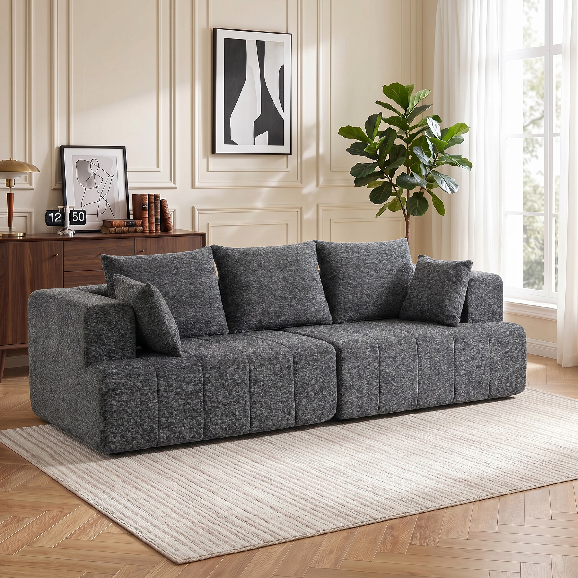 Trivietė sofa su kišeninėmis spyruoklėmis ir šeniliniu apmušalu, pilka, 248 x 104 x 87 cm