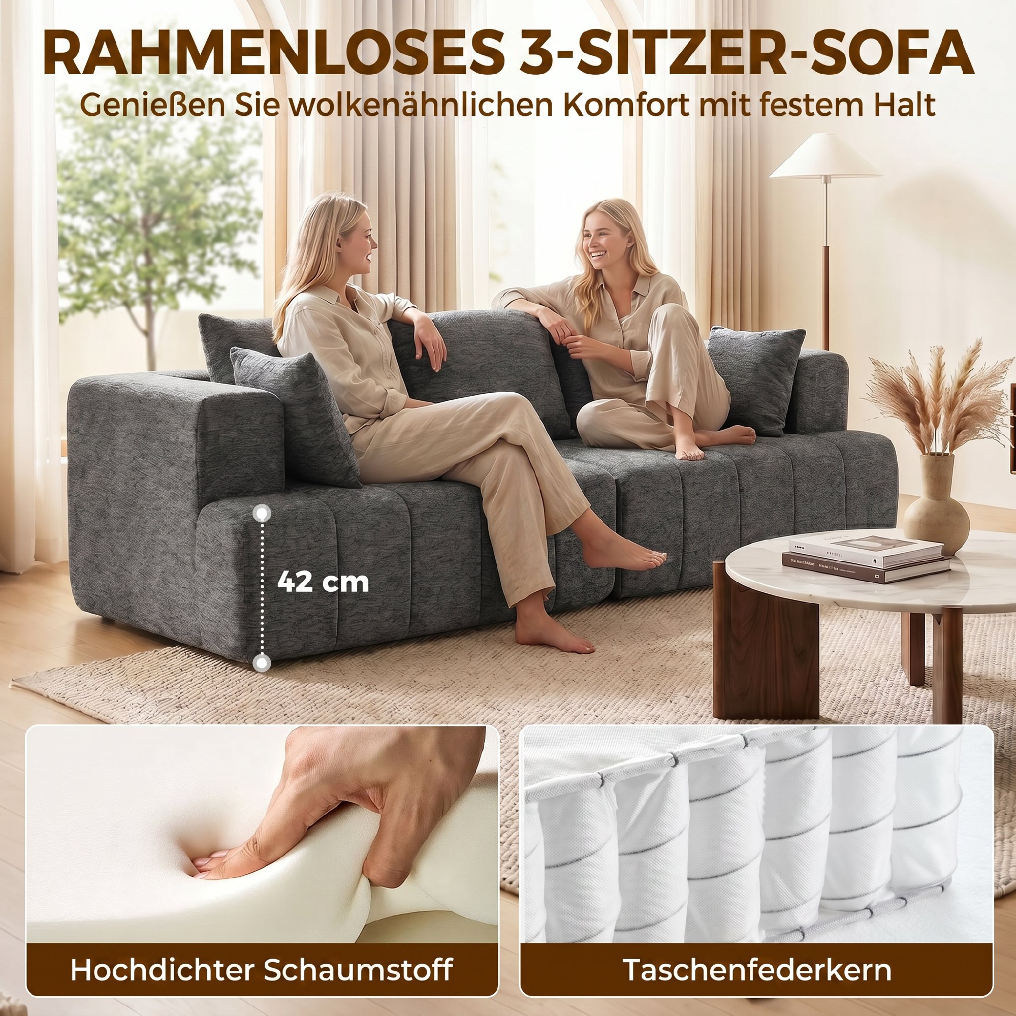 Trivietė sofa su kišeninėmis spyruoklėmis ir šeniliniu apmušalu, pilka, 248 x 104 x 87 cm 3