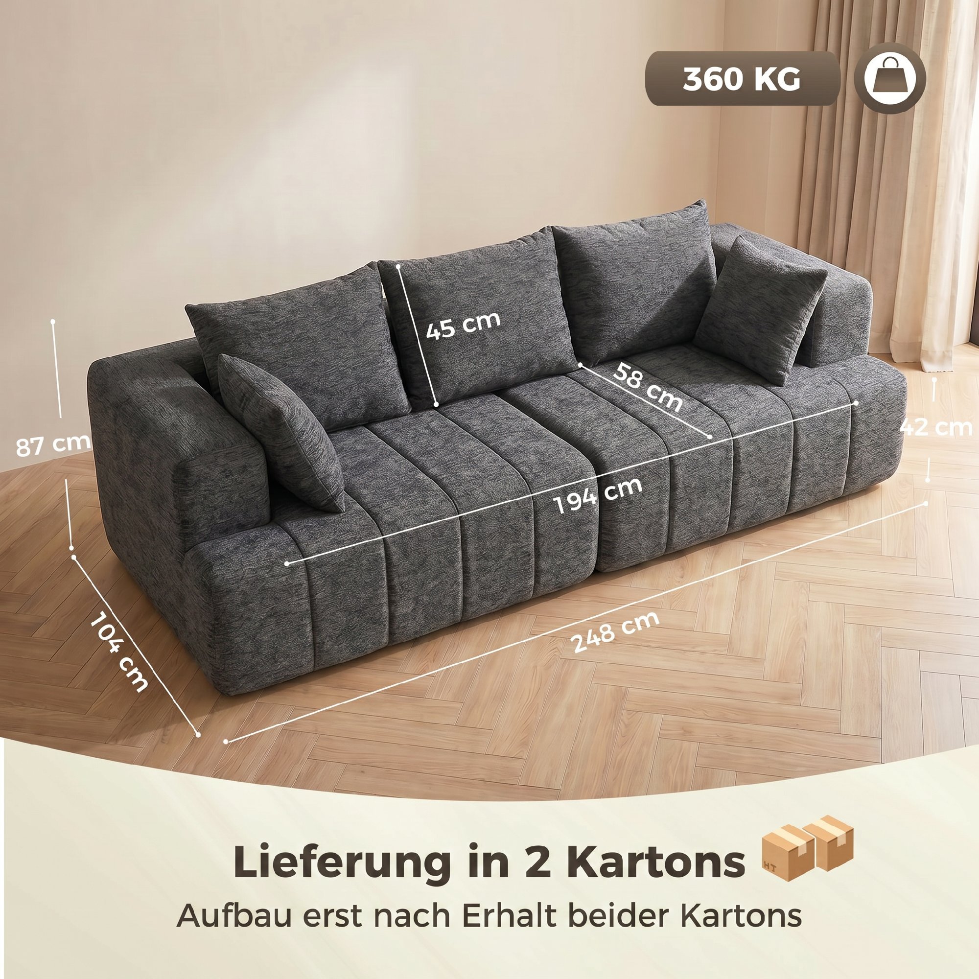 Trivietė sofa su kišeninėmis spyruoklėmis ir šeniliniu apmušalu, pilka, 248 x 104 x 87 cm 2