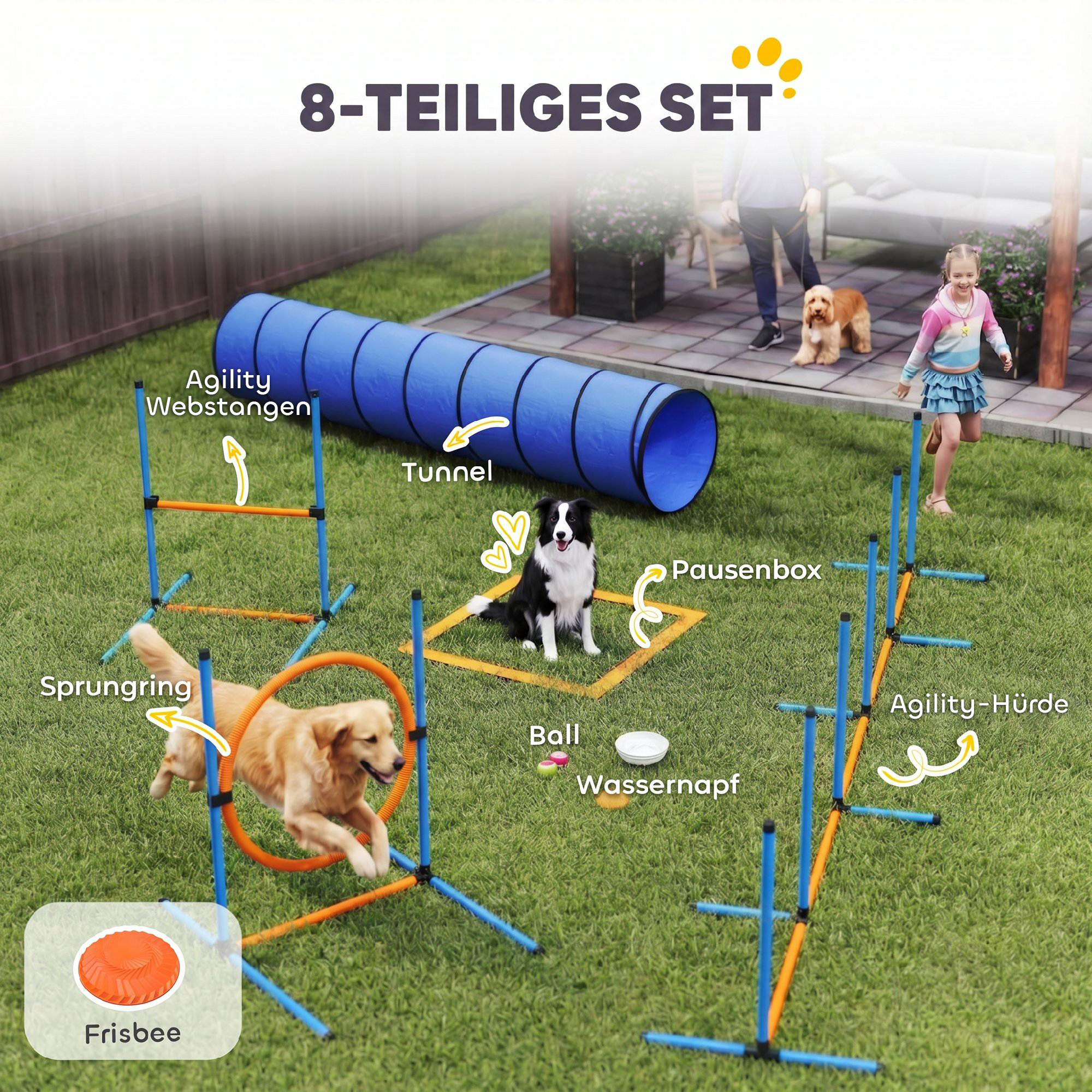 Šunų agility treniruočių rinkinys su tuneliu ir reguliuojamomis kliūtimis, oranžinės, mėlynos ir juodos spalvų, 8 dalių 3