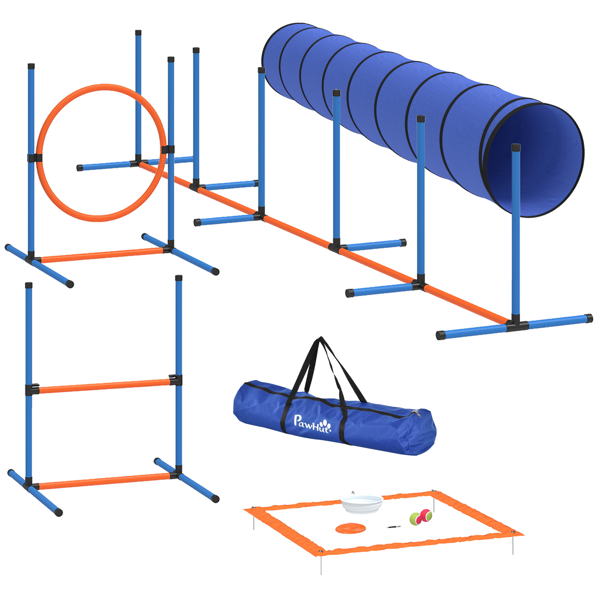 Šunų agility treniruočių rinkinys su tuneliu ir reguliuojamomis kliūtimis, oranžinės, mėlynos ir juodos spalvų, 8 dalių