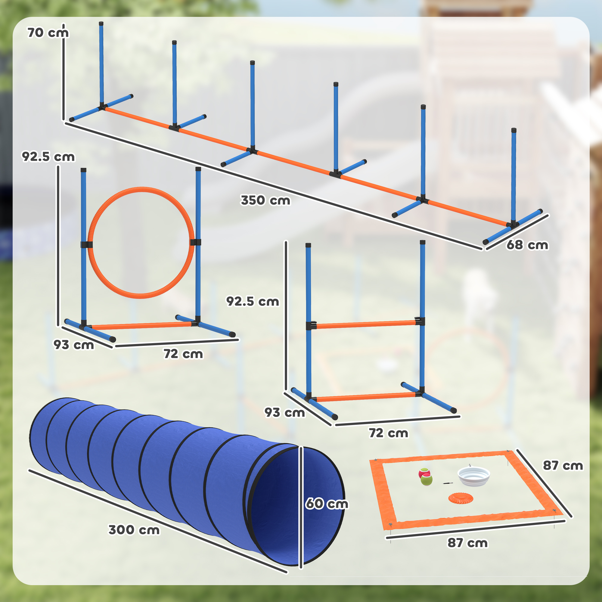 Šunų agility treniruočių rinkinys su tuneliu ir reguliuojamomis kliūtimis, oranžinės, mėlynos ir juodos spalvų, 8 dalių 2