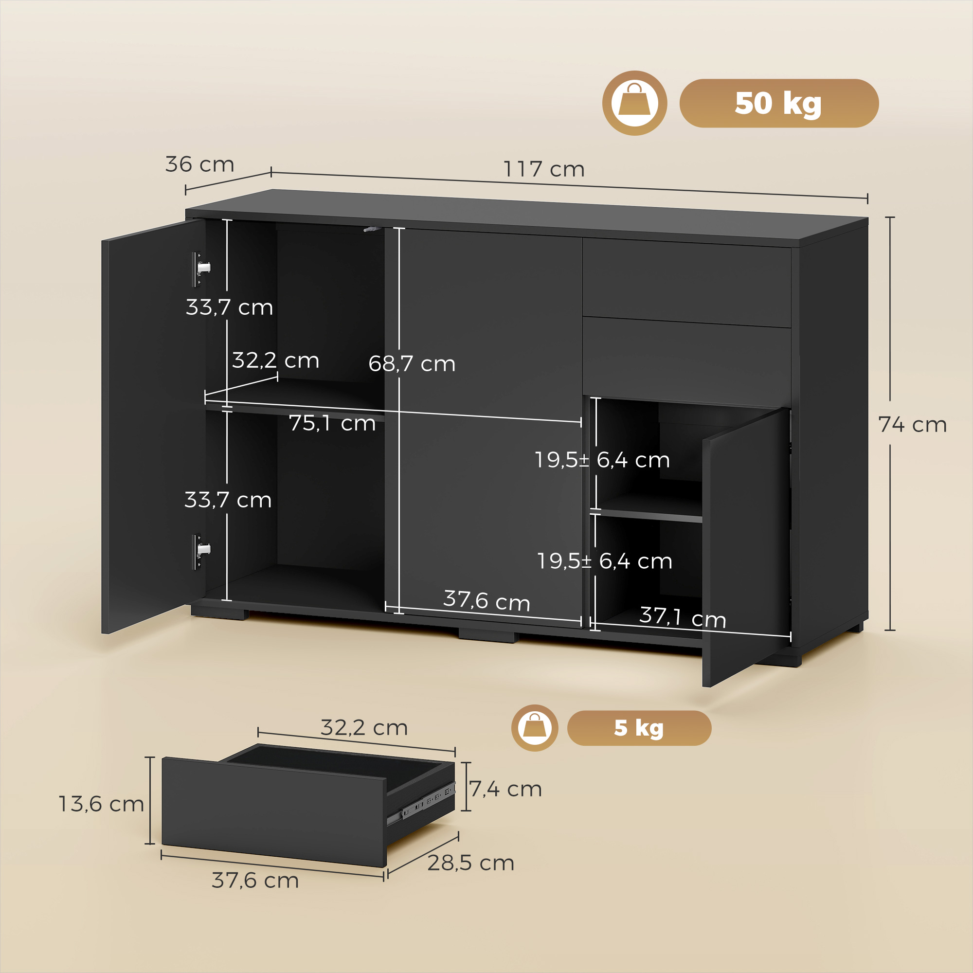 Komoda su 2 stalčiais ir „Push-Click“ mechanizmu, juoda, 117 × 36 × 74 cm 2