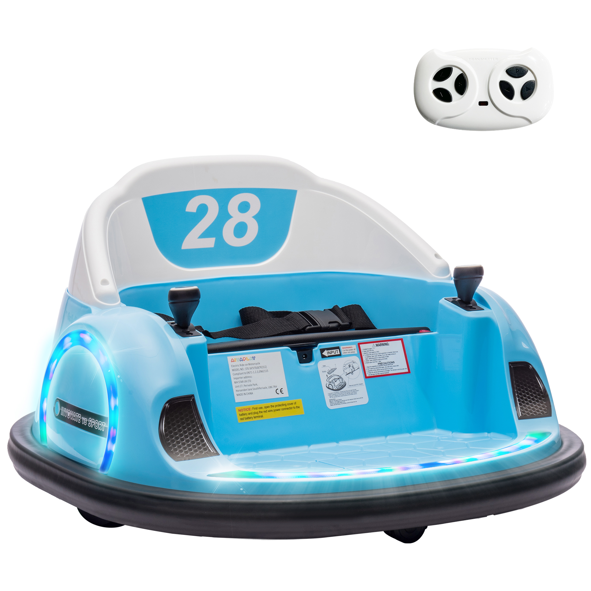 Elektromobilis su 360° sukimu ir nuotoliniu valdymu, mėlynas, 66,5 × 64,5 × 39 cm