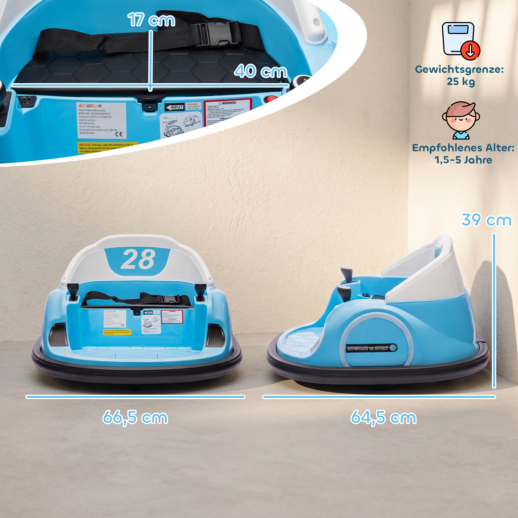 Elektromobilis su 360° sukimu ir nuotoliniu valdymu, mėlynas, 66,5 × 64,5 × 39 cm 2