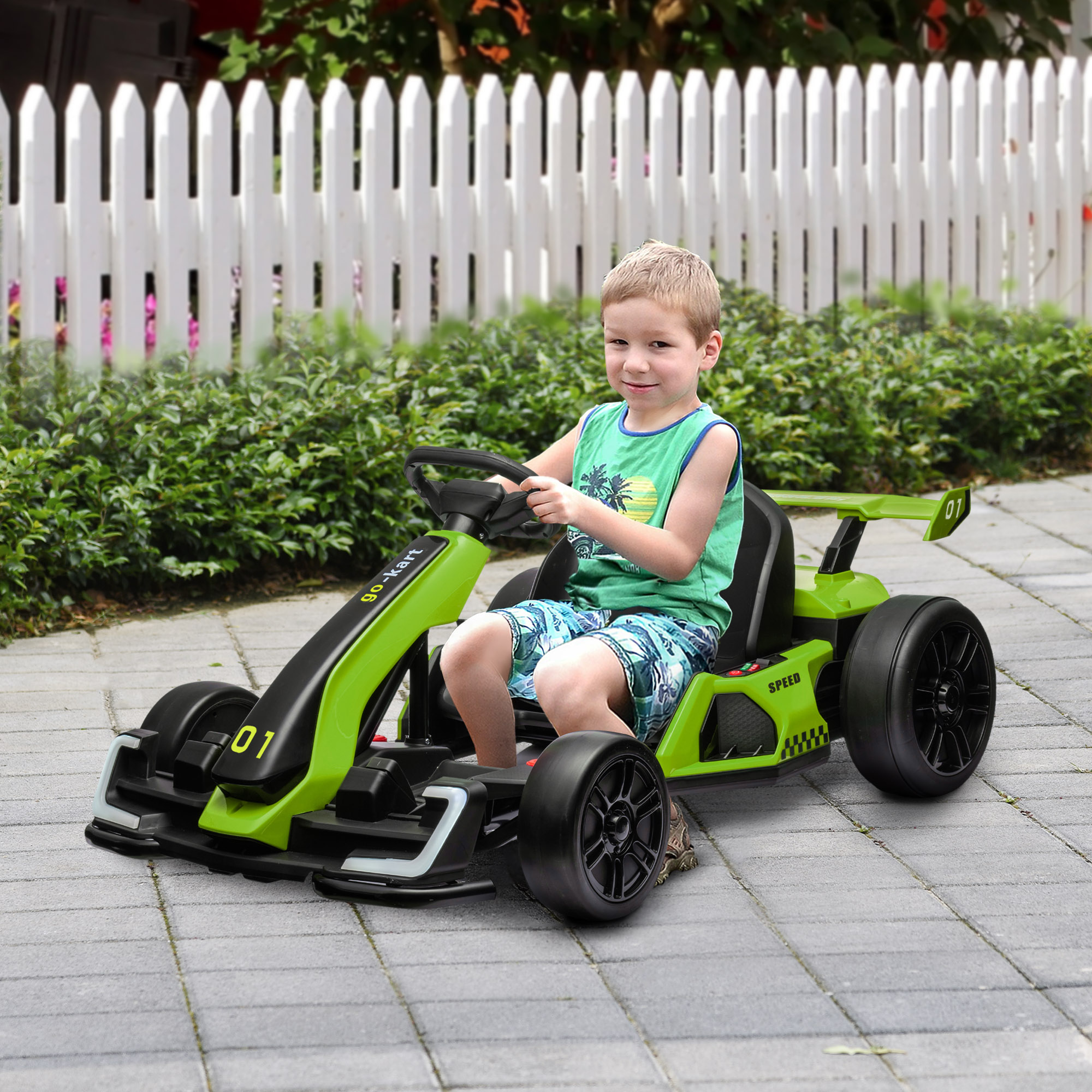 Elektrinis vaikiškas kartingas su driftavimo režimu ir reguliuojama sėdyne, žalias ir juodas, 120 × 76 × 53,5 cm