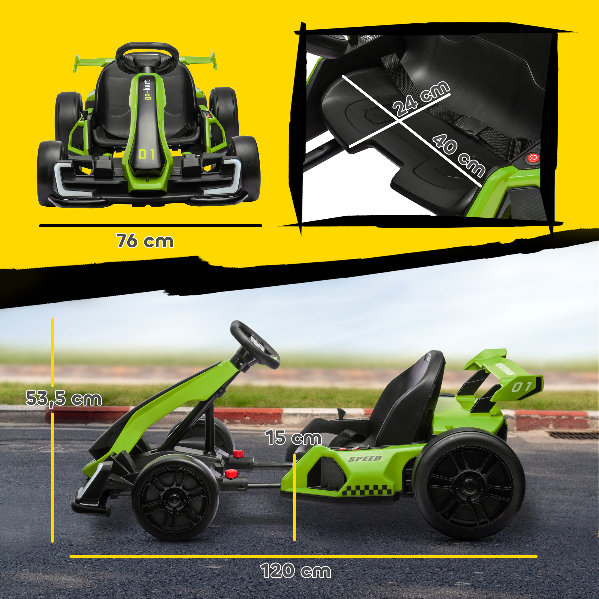 Elektrinis vaikiškas kartingas su driftavimo režimu ir reguliuojama sėdyne, žalias ir juodas, 120 × 76 × 53,5 cm 2