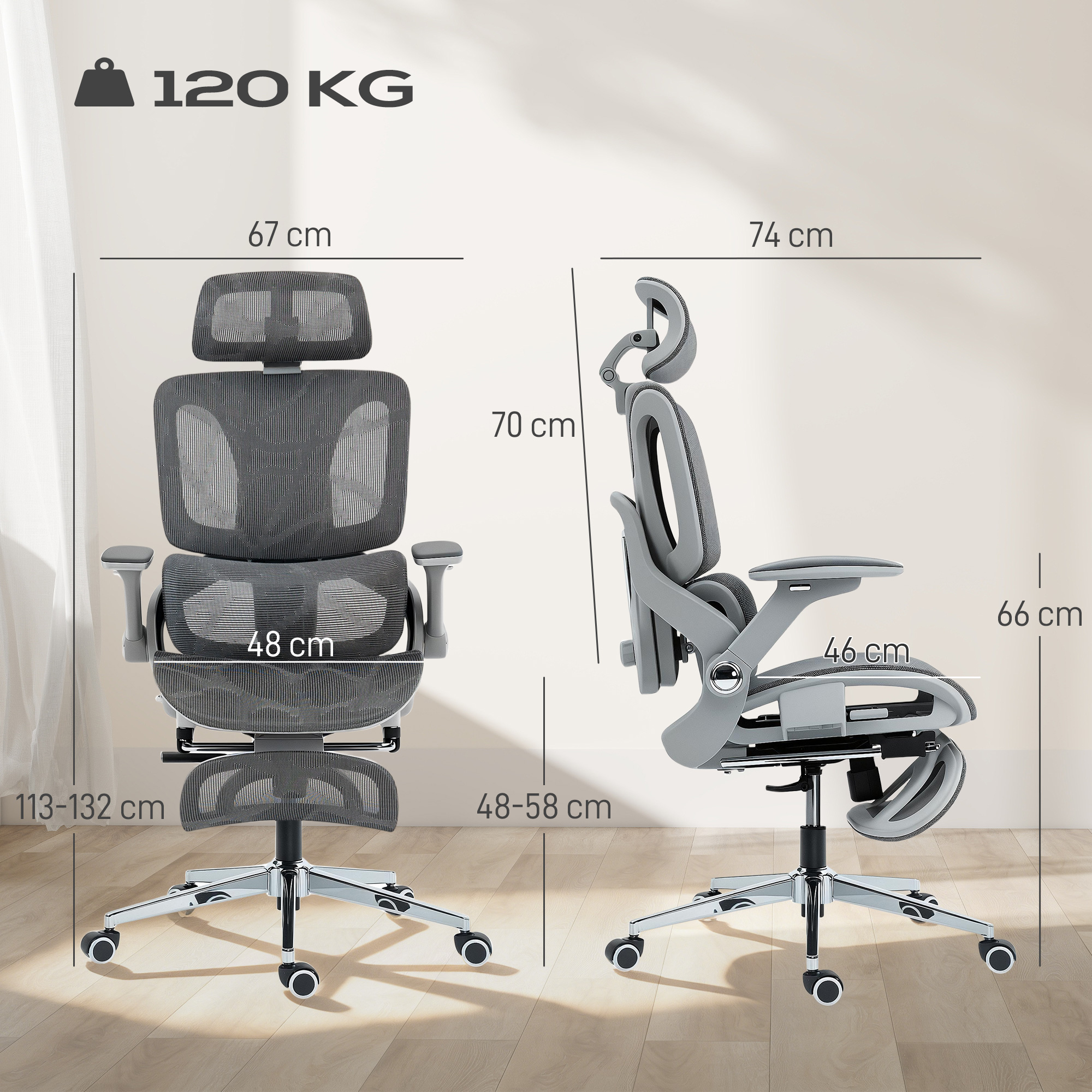 Biuro kėdė su 4D porankiais ir kojų atrama, pilka, 67 x 74 x 113–132 cm 2