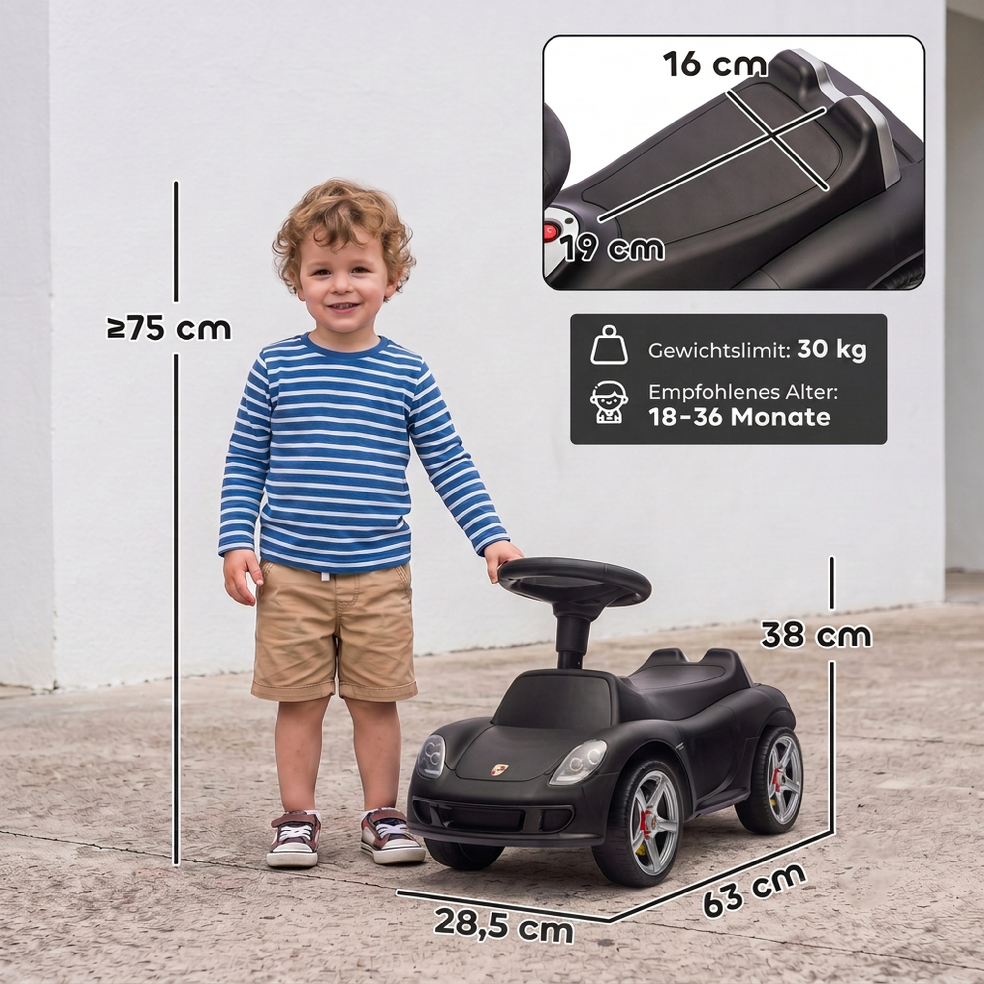 Paspiriama mašinėlė su „Porsche“ licencija ir šviesomis, matinė juoda, 63 × 28,5 × 38 cm 2