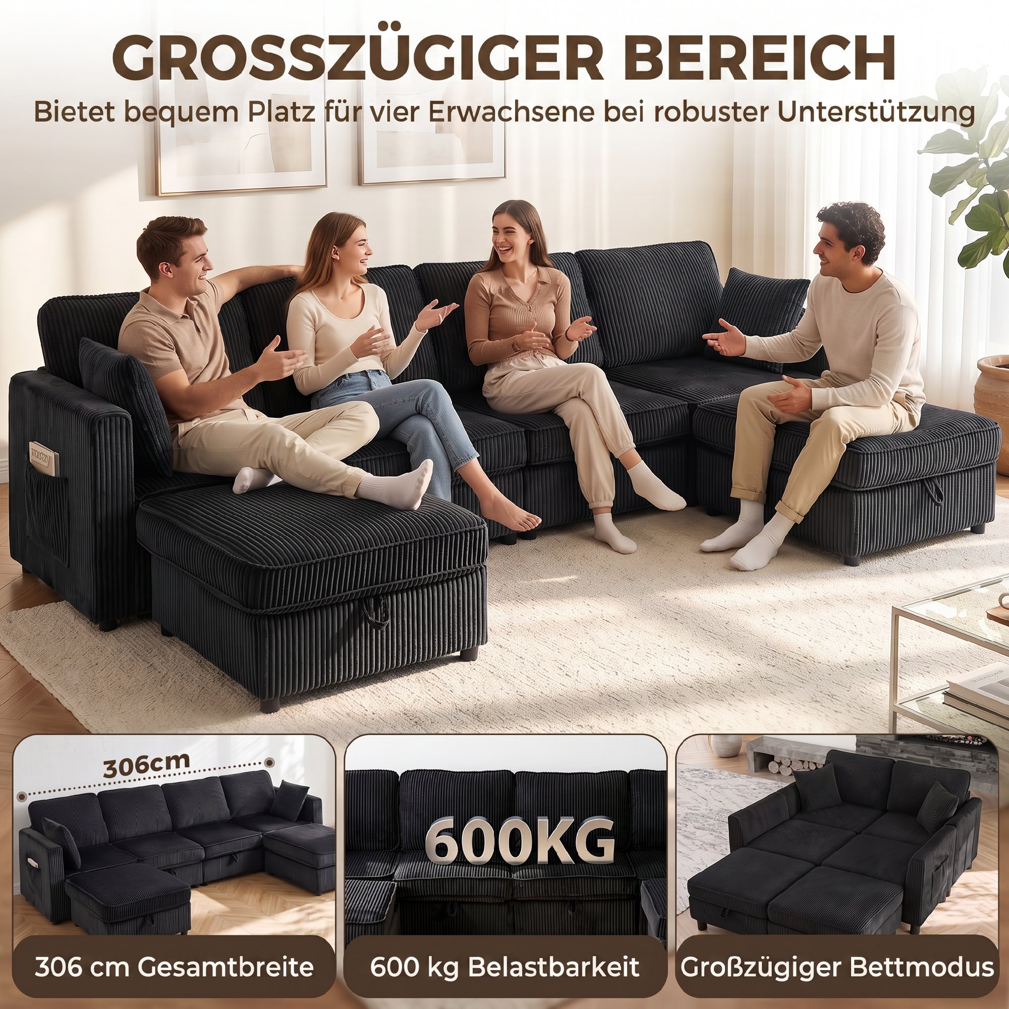 Modulinė sofa su daiktadėžėmis ir 2 pufais, tamsiai pilka ir juoda, 306 x 153 x 85 cm 3