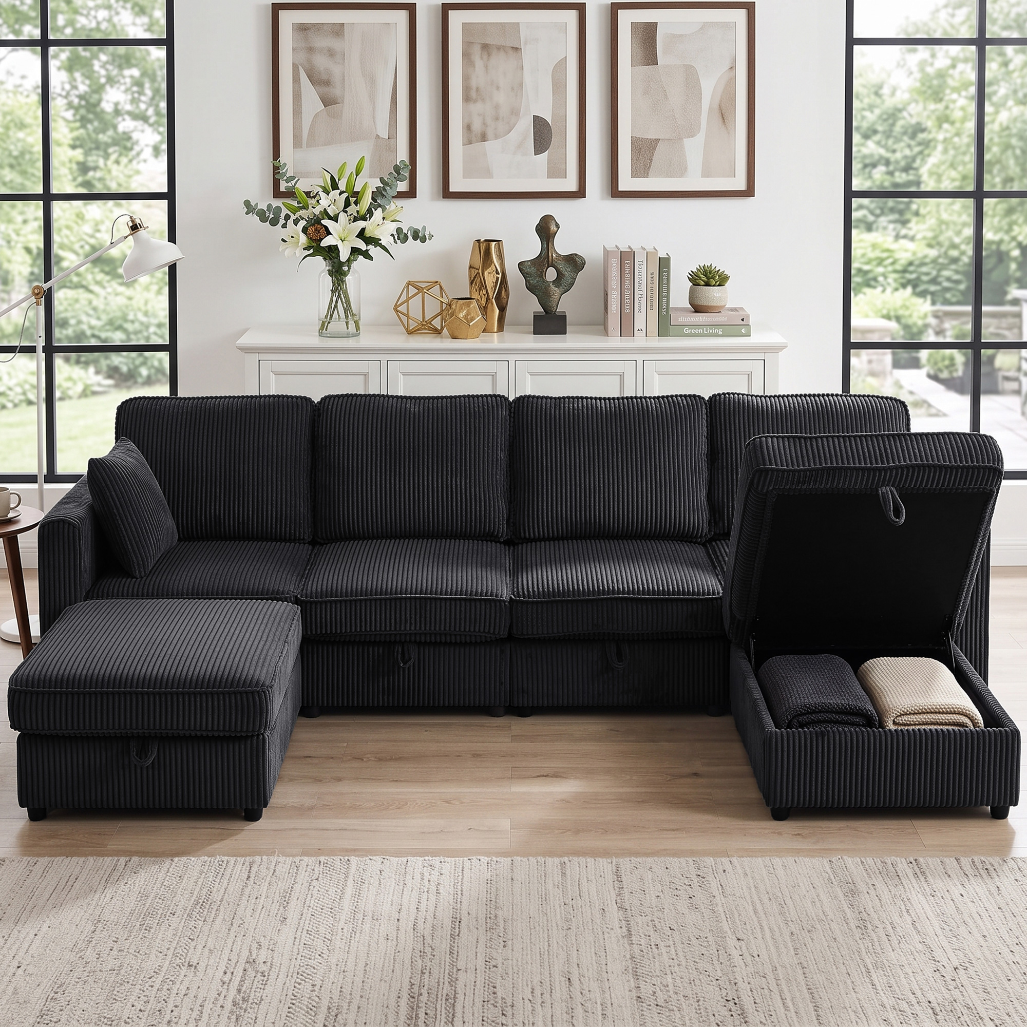 Modulinė sofa su daiktadėžėmis ir 2 pufais, tamsiai pilka ir juoda, 306 x 153 x 85 cm