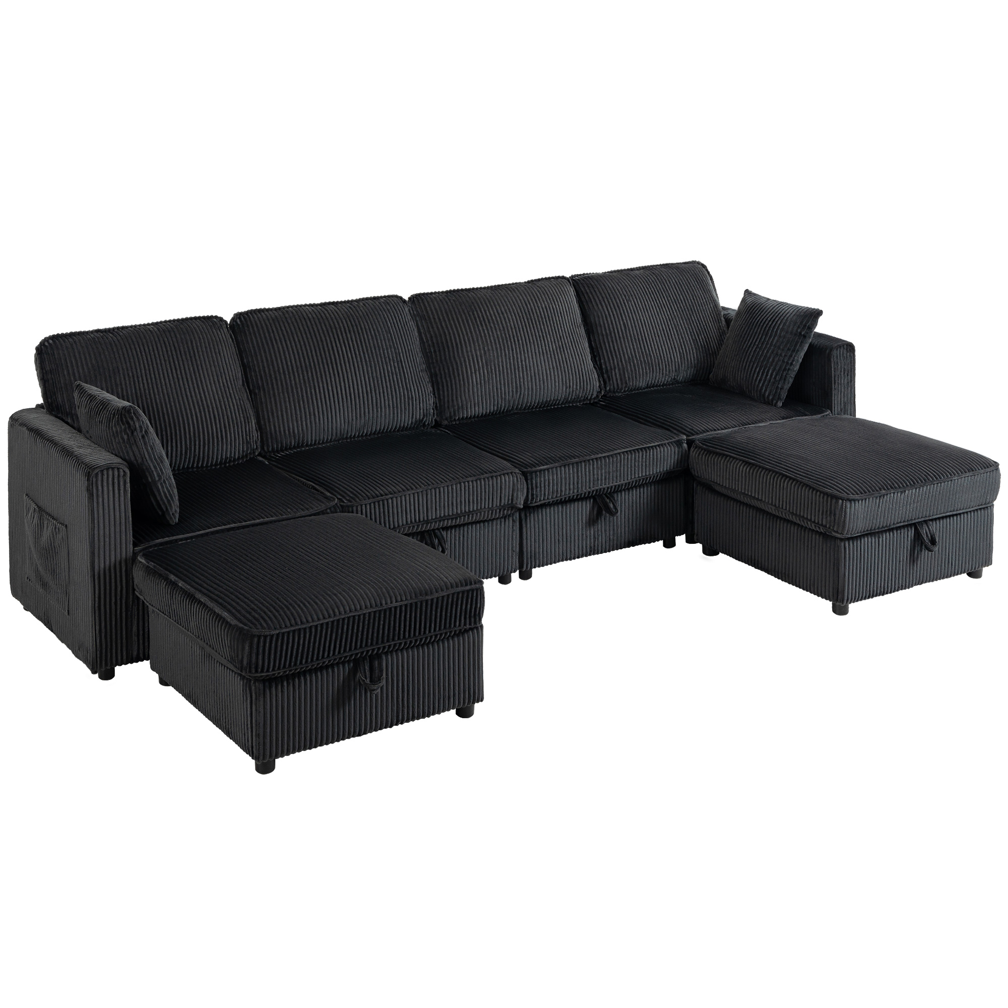 Modulinė sofa su daiktadėžėmis ir 2 pufais, tamsiai pilka ir juoda, 306 x 153 x 85 cm
