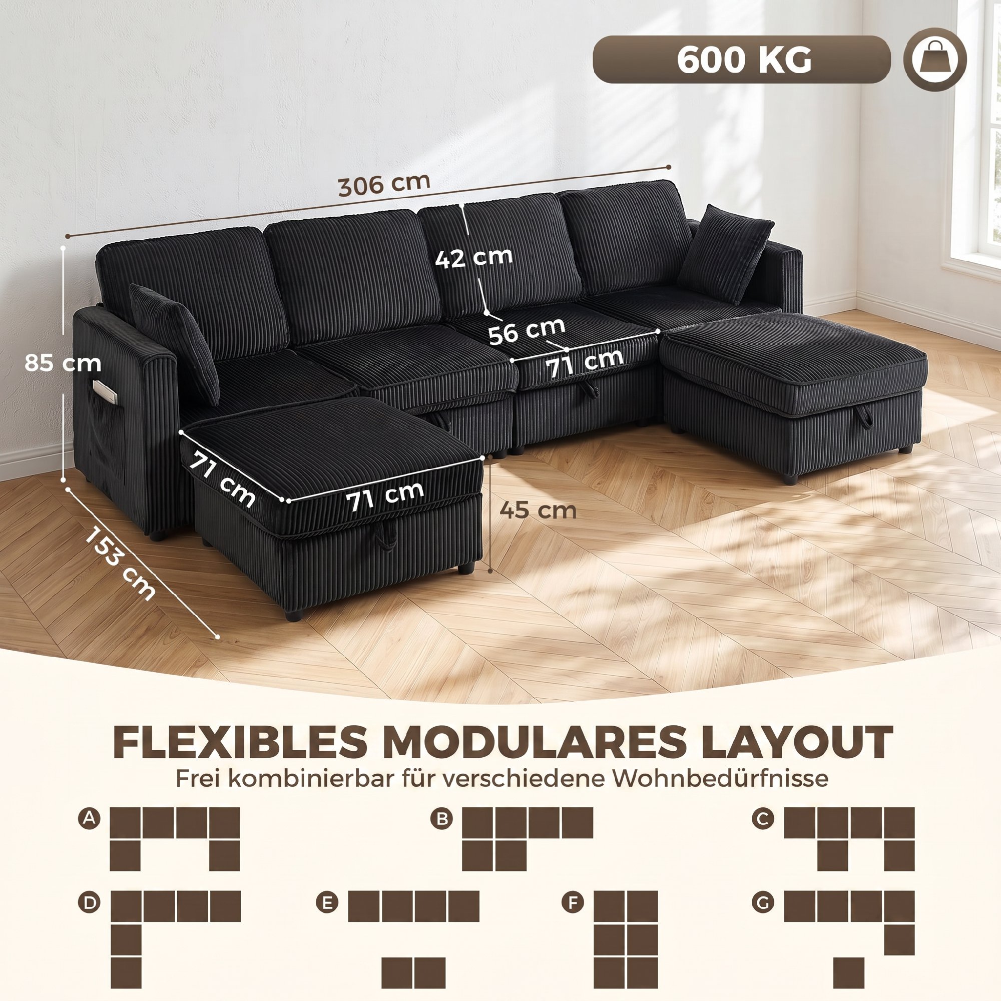 Modulinė sofa su daiktadėžėmis ir 2 pufais, tamsiai pilka ir juoda, 306 x 153 x 85 cm 2