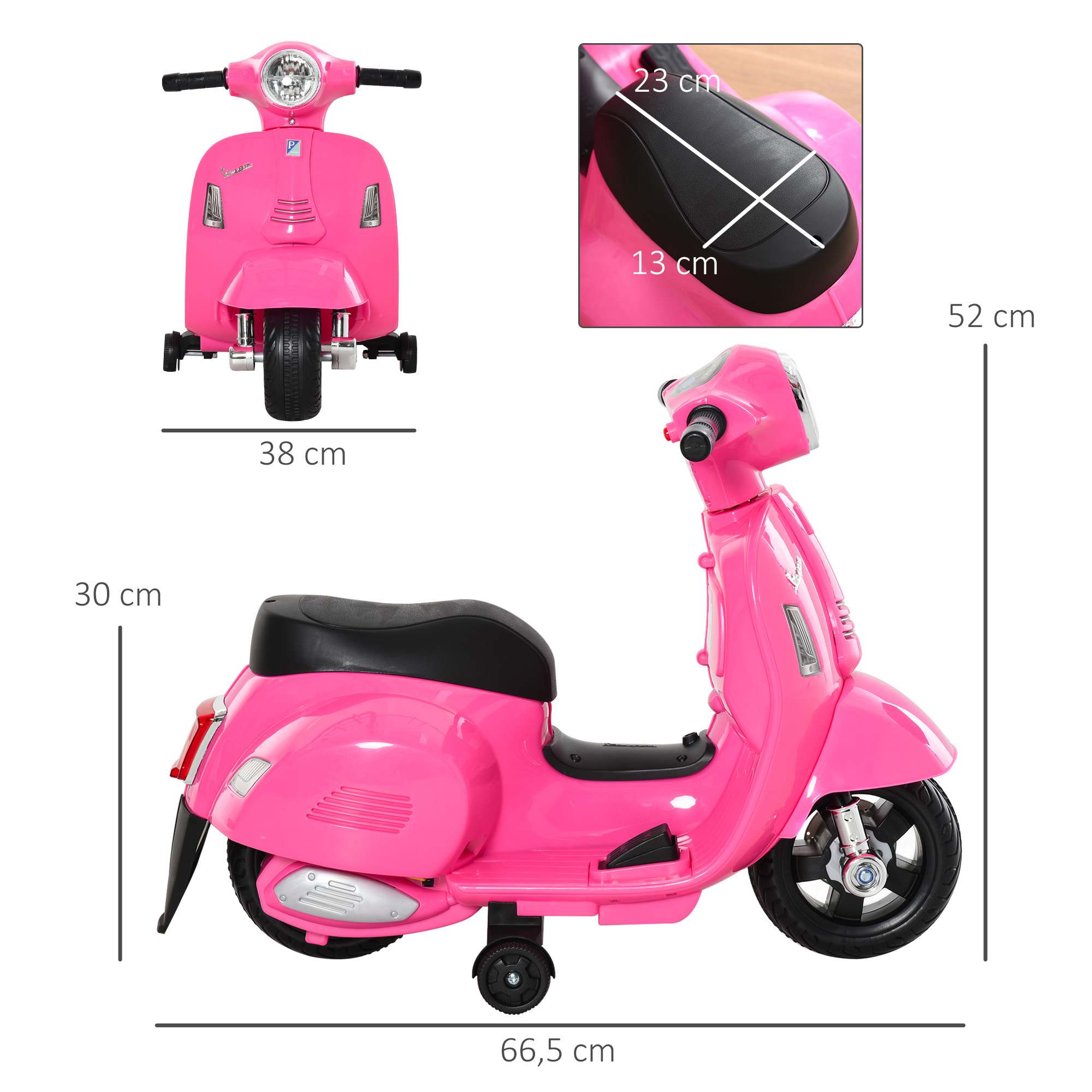 Bērnu elektriskais motocikls „Vespa“ ar atbalsta riteņiem, rozā, 66,5 × 38 × 52 cm 2
