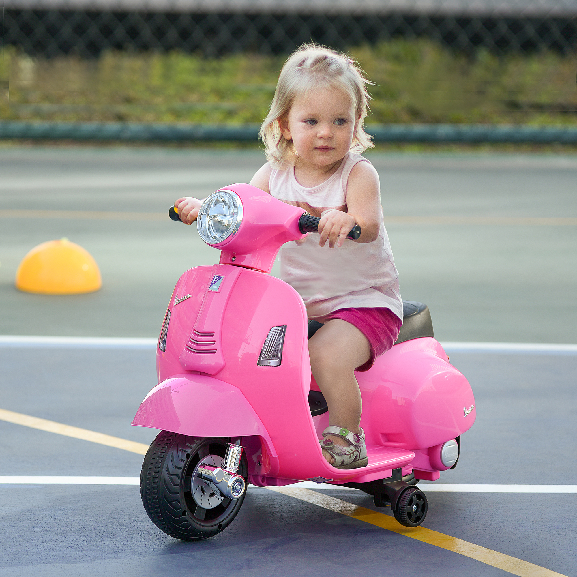 Bērnu elektriskais motocikls „Vespa“ ar atbalsta riteņiem, rozā, 66,5 × 38 × 52 cm