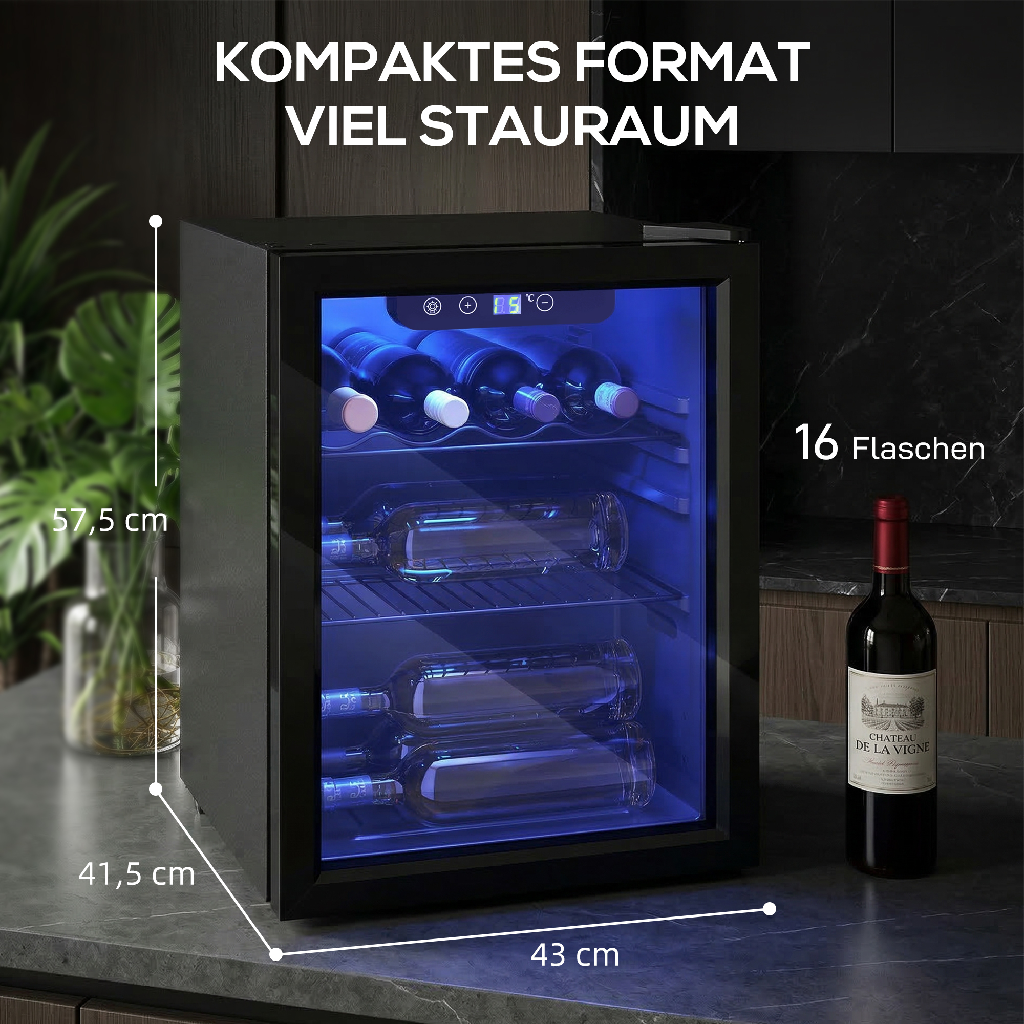 Vīna ledusskapis ar dubultām stikla durvīm, 4–16 °C, melns, 43 × 41,5 × 57,5 cm, 16 pudeļu 2