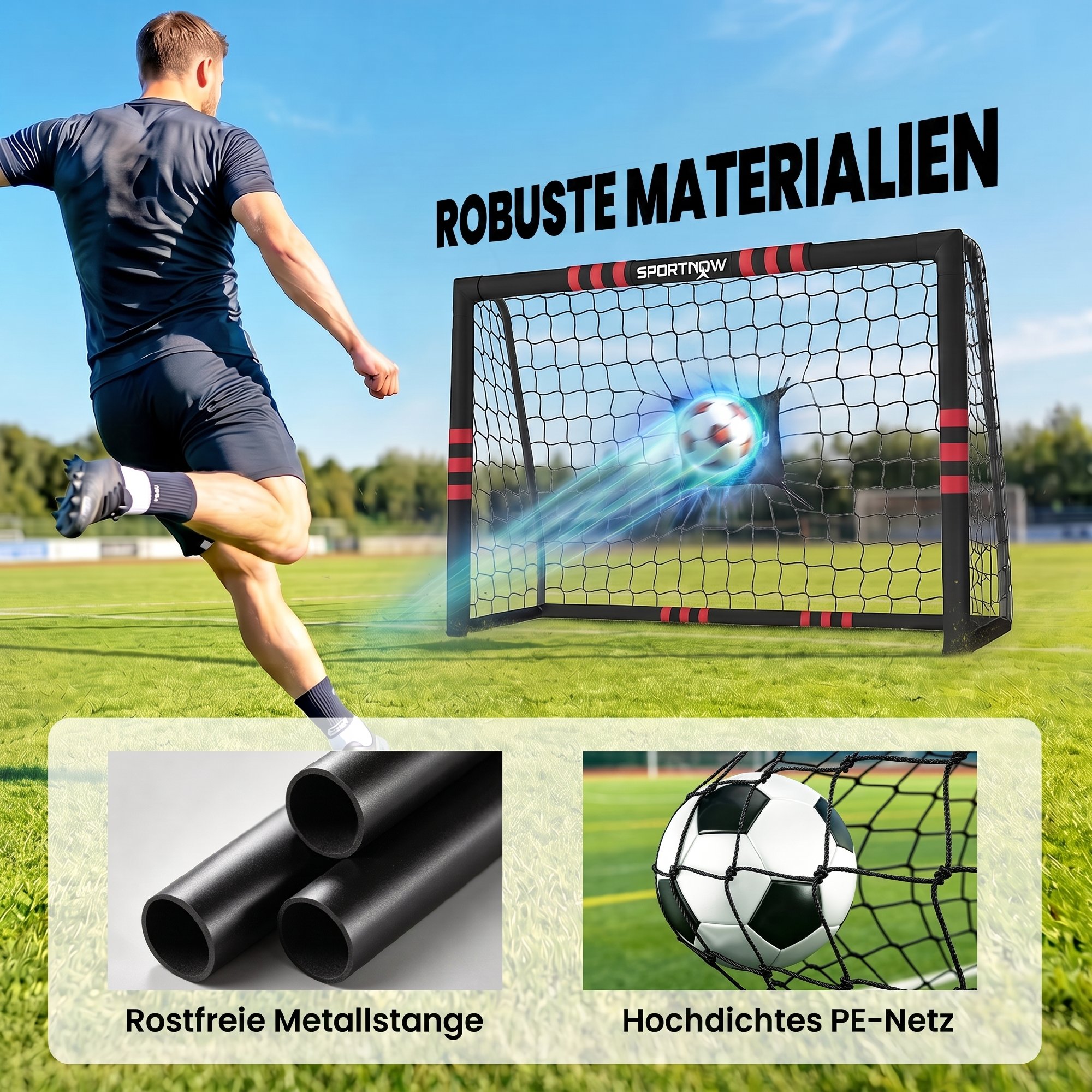 Futbolo vartai su paminkštintu rėmu ir 5 tvirtinimo kaiščiais, juodi ir raudoni, 180 x 60 x 120 cm 3
