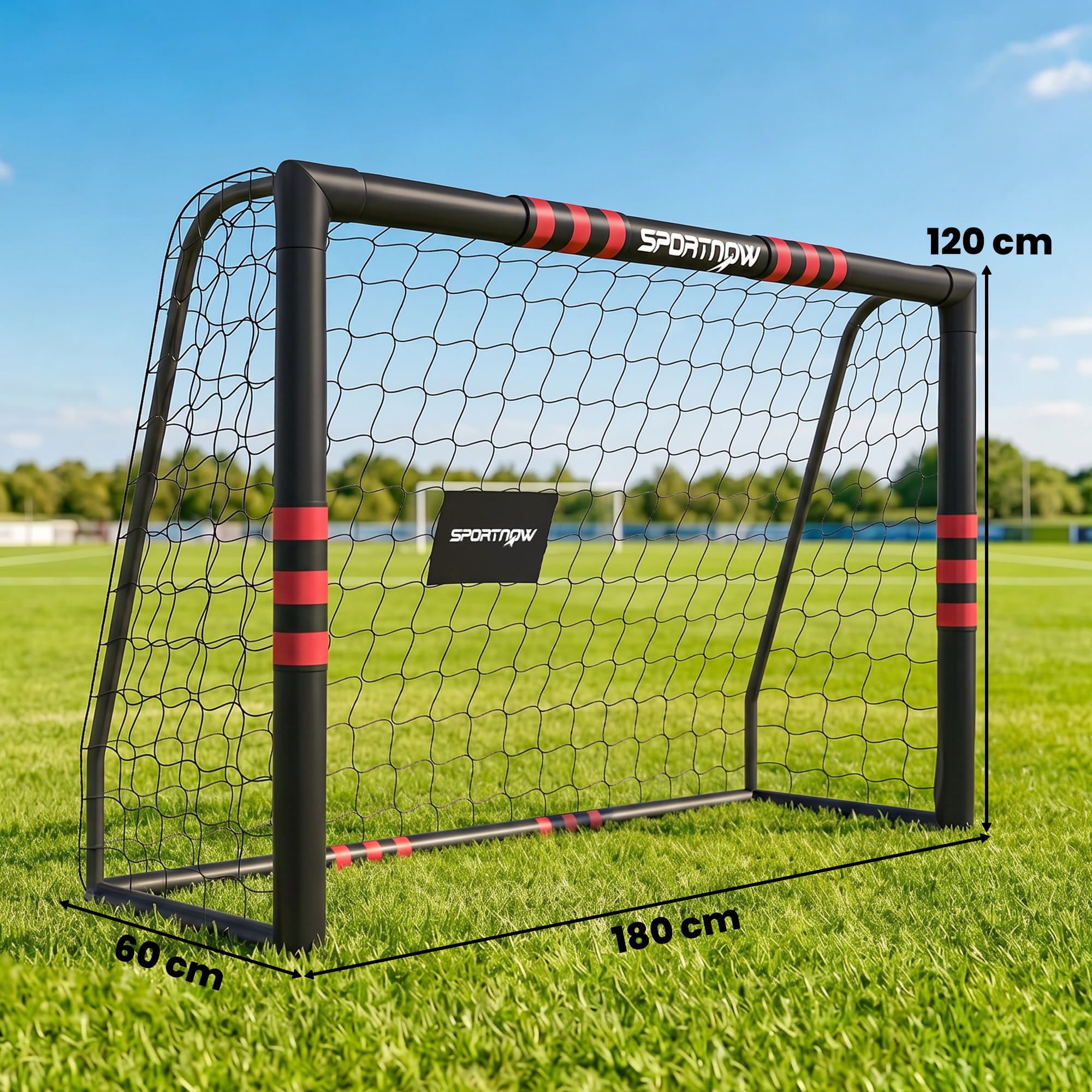 Futbolo vartai su paminkštintu rėmu ir 5 tvirtinimo kaiščiais, juodi ir raudoni, 180 x 60 x 120 cm 2