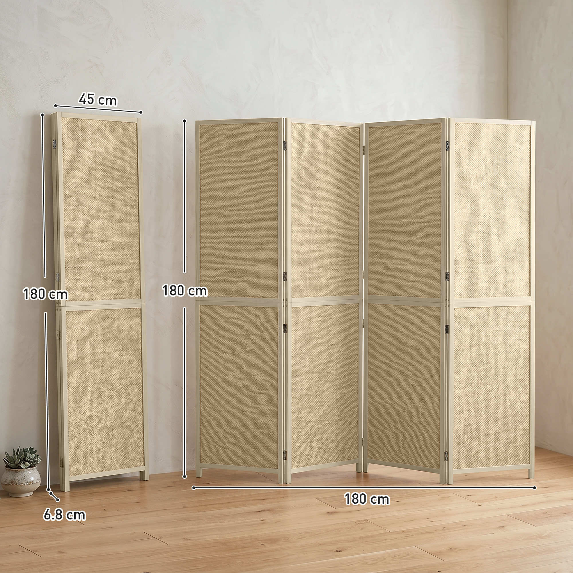 Istabas starpsiena ar 4 plāksnēm, salokāma, dabīgā koka krāsā, 180 × 1,7 × 180 cm 2