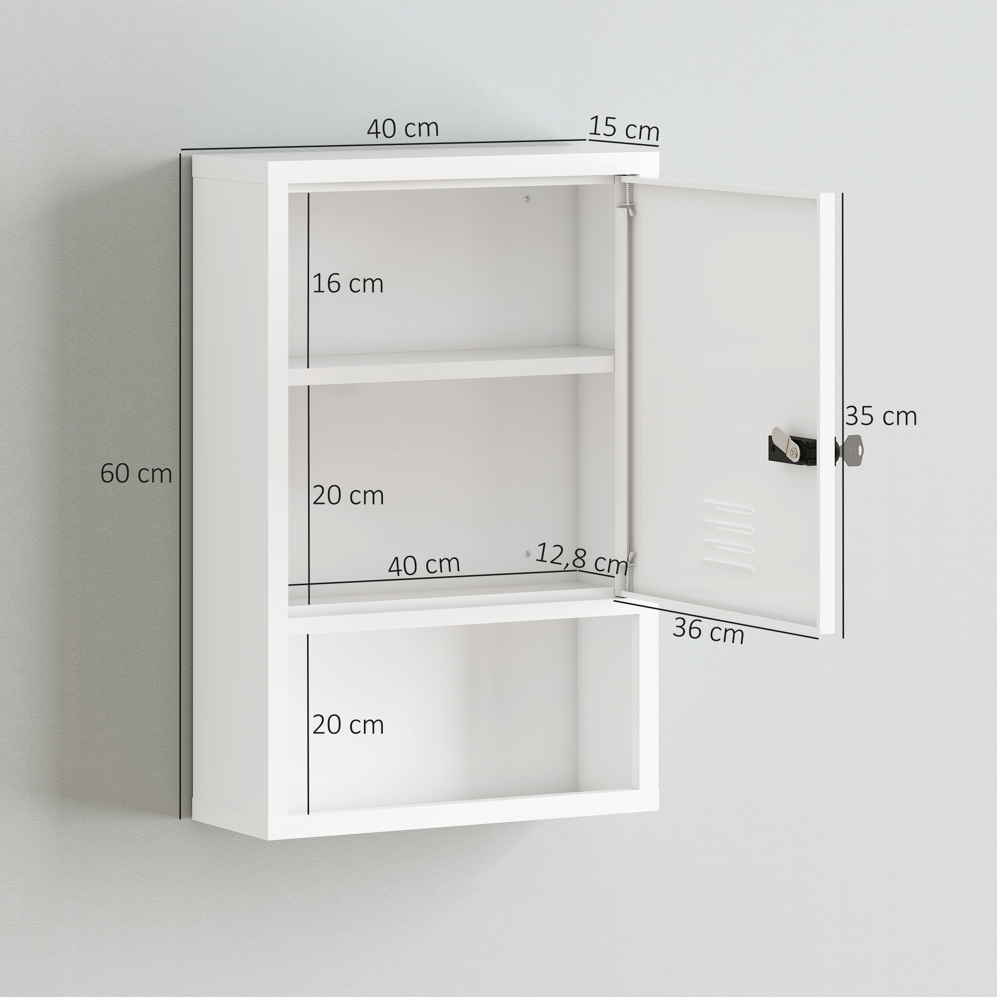 Sieninė vaistinėlės spintelė su mechanine ir kodine spynomis, balta, 40 x 15 x 60 cm 2