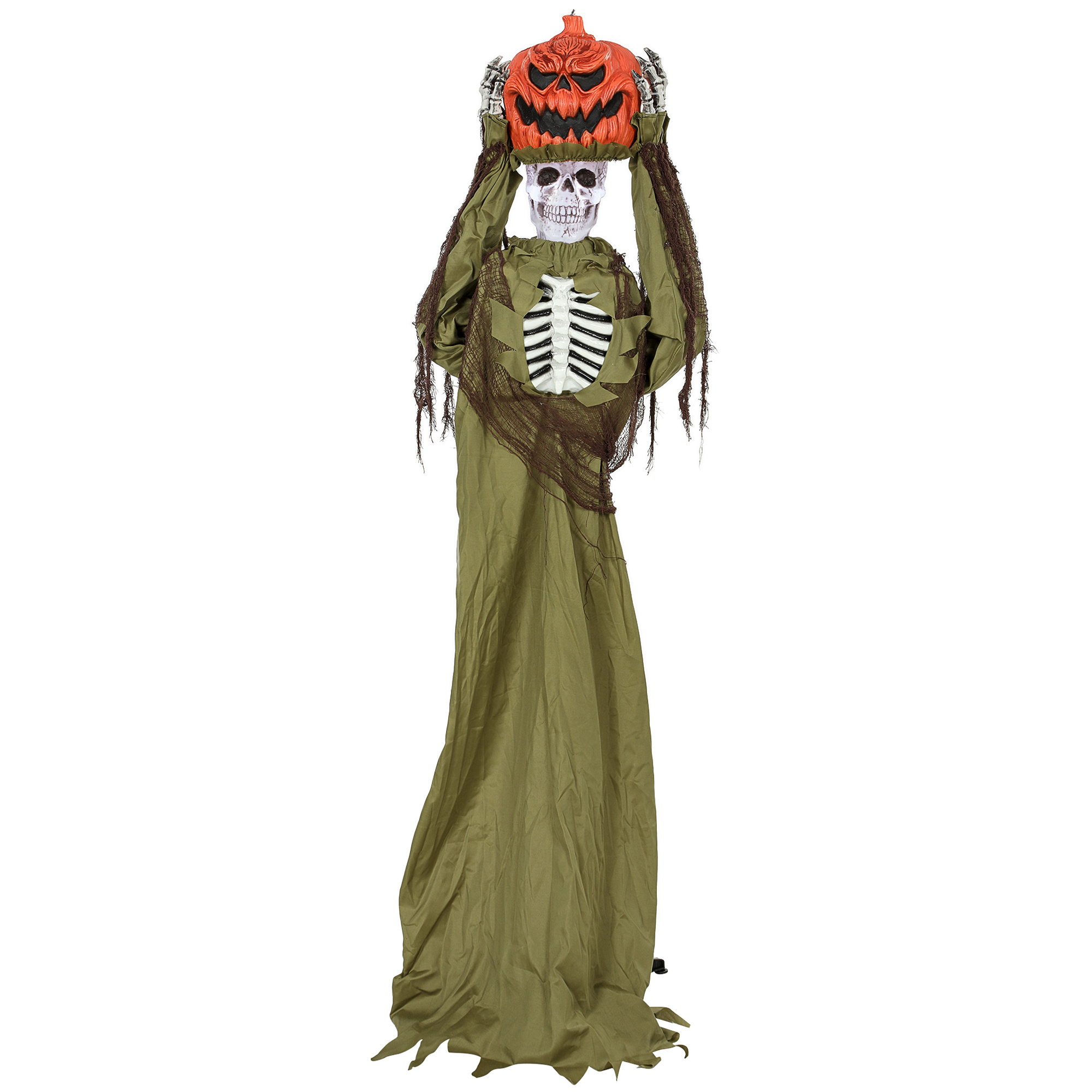 Animuotas iššokantis moliūgo skeletas su LED apšvietimu ir garso aktyvavimu, tamsiai žalias ir oranžinis, 50 × 20 × 173 cm