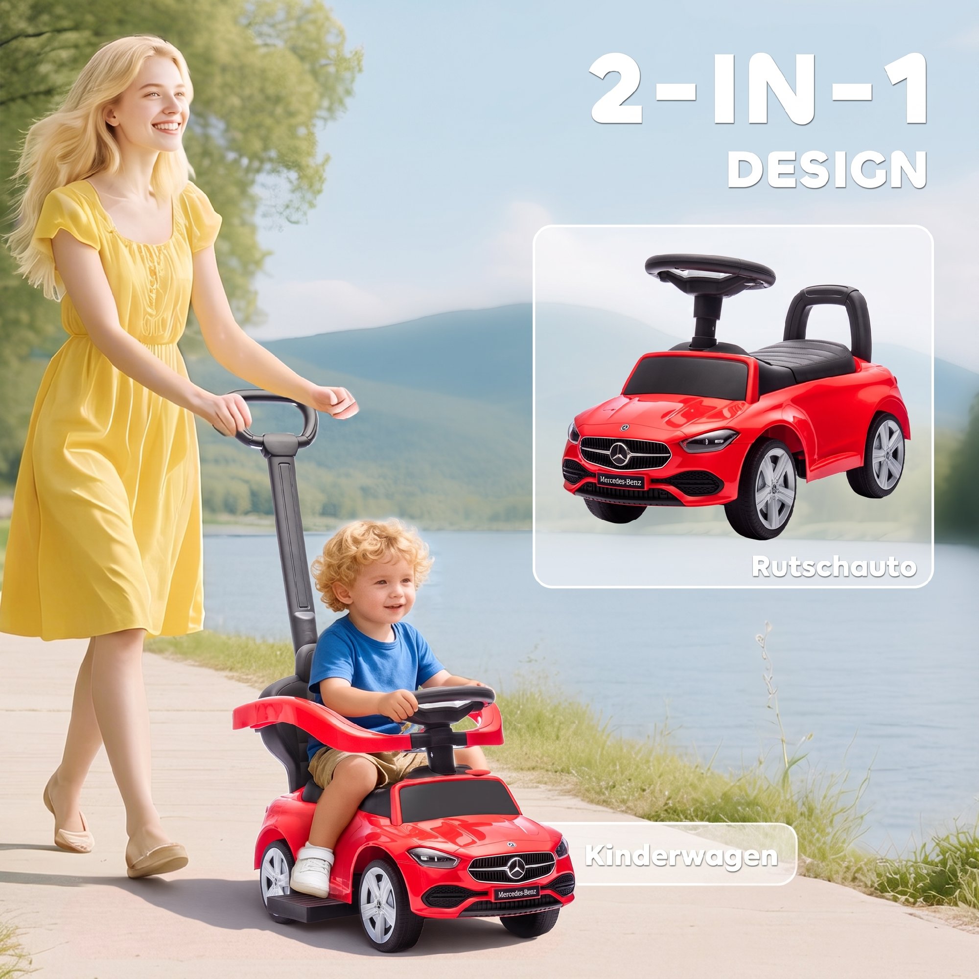 Paspiriama mašinėlė „Mercedes-Benz C-Class“ 2 viename, raudona, 91 x 40 x 83 cm 3