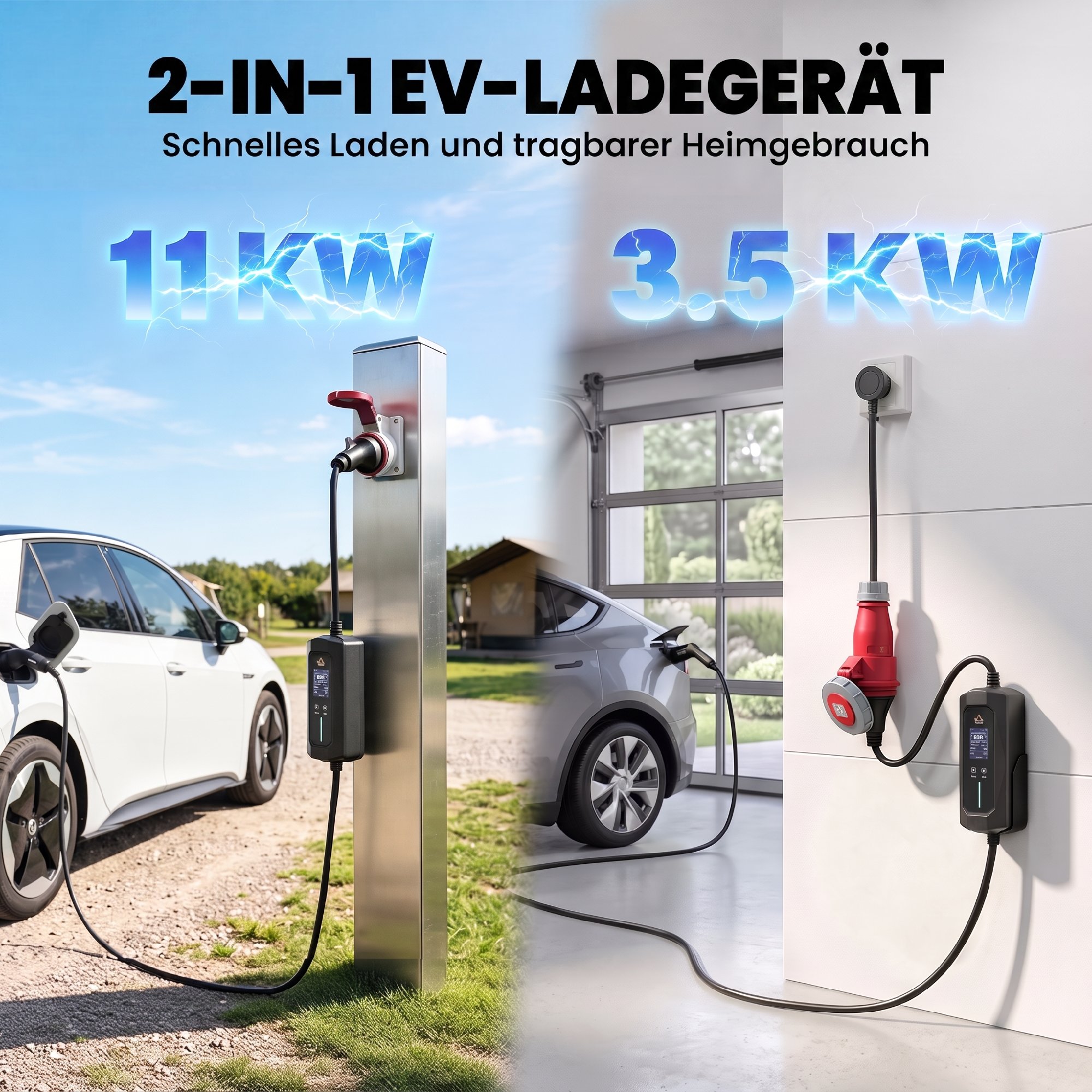 Nešiojamas elektromobilių įkroviklis 11 kW, Type 2, juodas, 23 × 9,5 × 5,5 cm 3
