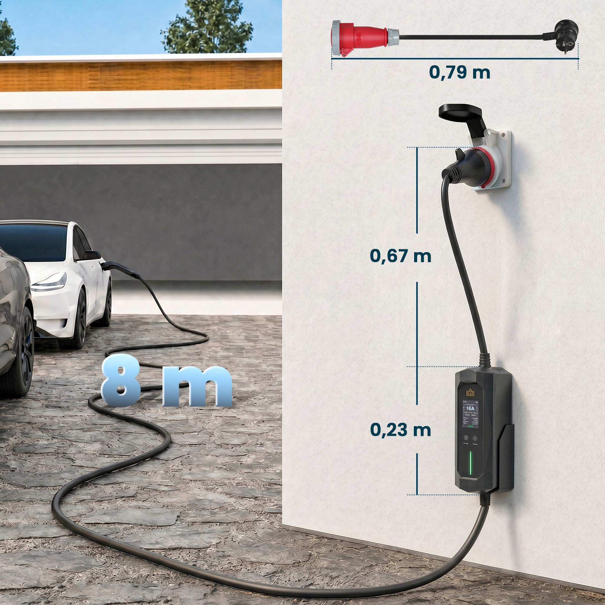 Nešiojamas elektromobilių įkroviklis 11 kW, Type 2, juodas, 23 × 9,5 × 5,5 cm 2