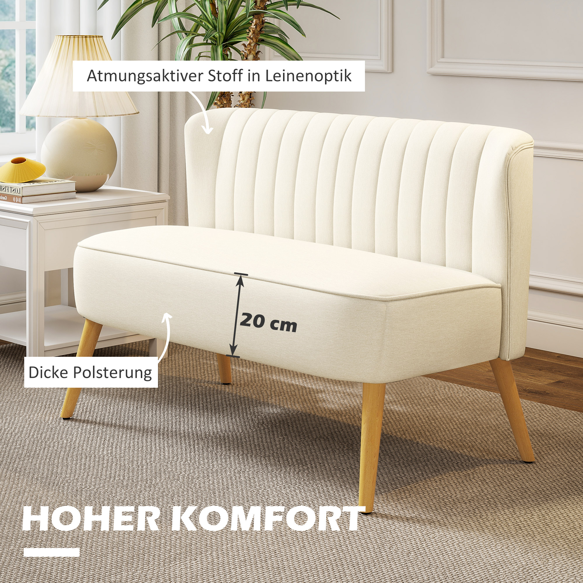 Dvivietė sofa su spyruokliniu pagrindu, kreminės baltos spalvos, 117 × 56,5 × 77 cm 3