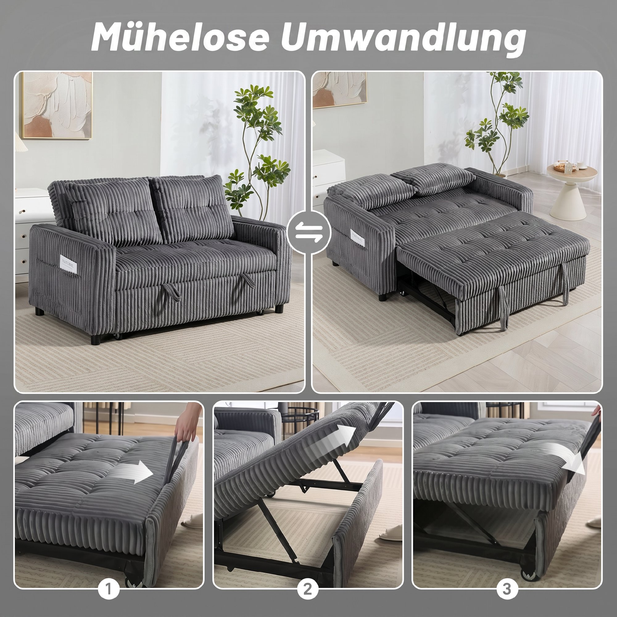 Sofa-lova „3 viename“ su reguliuojamu atlošu, tamsiai pilka, 157 × 190 cm 3